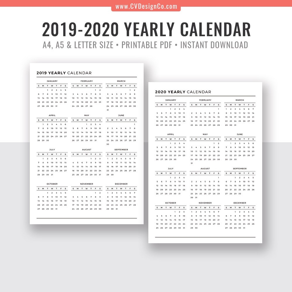 2019 Yearly Calendar And 2020 Yearly Calendar, 2019 - 2020 Yearly Calendar,  Digital Printable Planner Inserts. Filofax A5, A4, Letter Size-2020 Printable Monthly Calendar 8 X 11