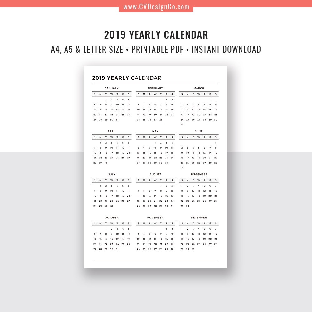 2019 Yearly Calendar And 2020 Yearly Calendar, 2019 - 2020 Yearly Calendar,  Digital Printable Planner Inserts. Filofax A5, A4, Letter Size-Printable 2020 Blank Calendar On 8 X 11 Size