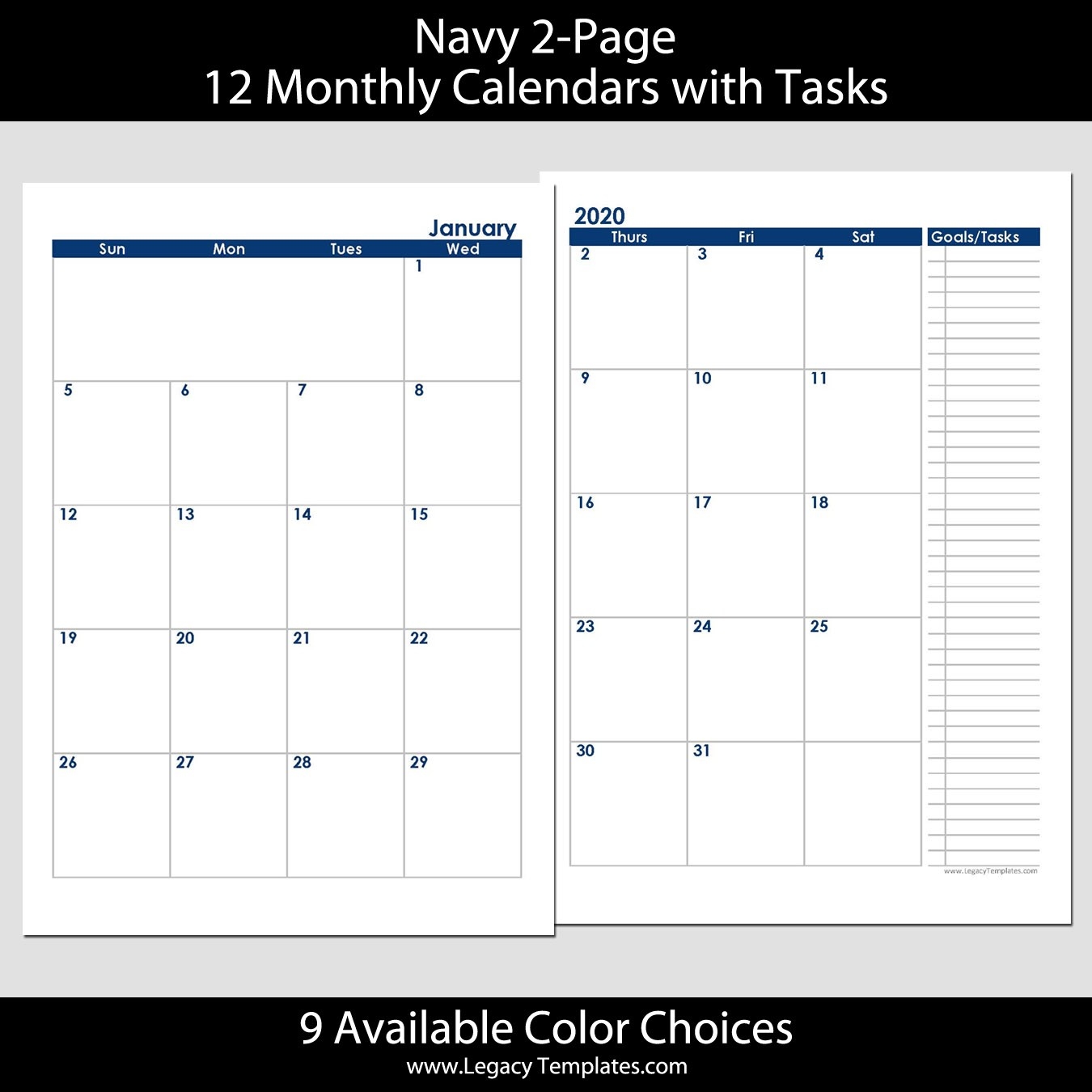 2020 12-Months 2-Page Calendar – A5 | Legacy Templates-2 Page Monthly Calendar Template