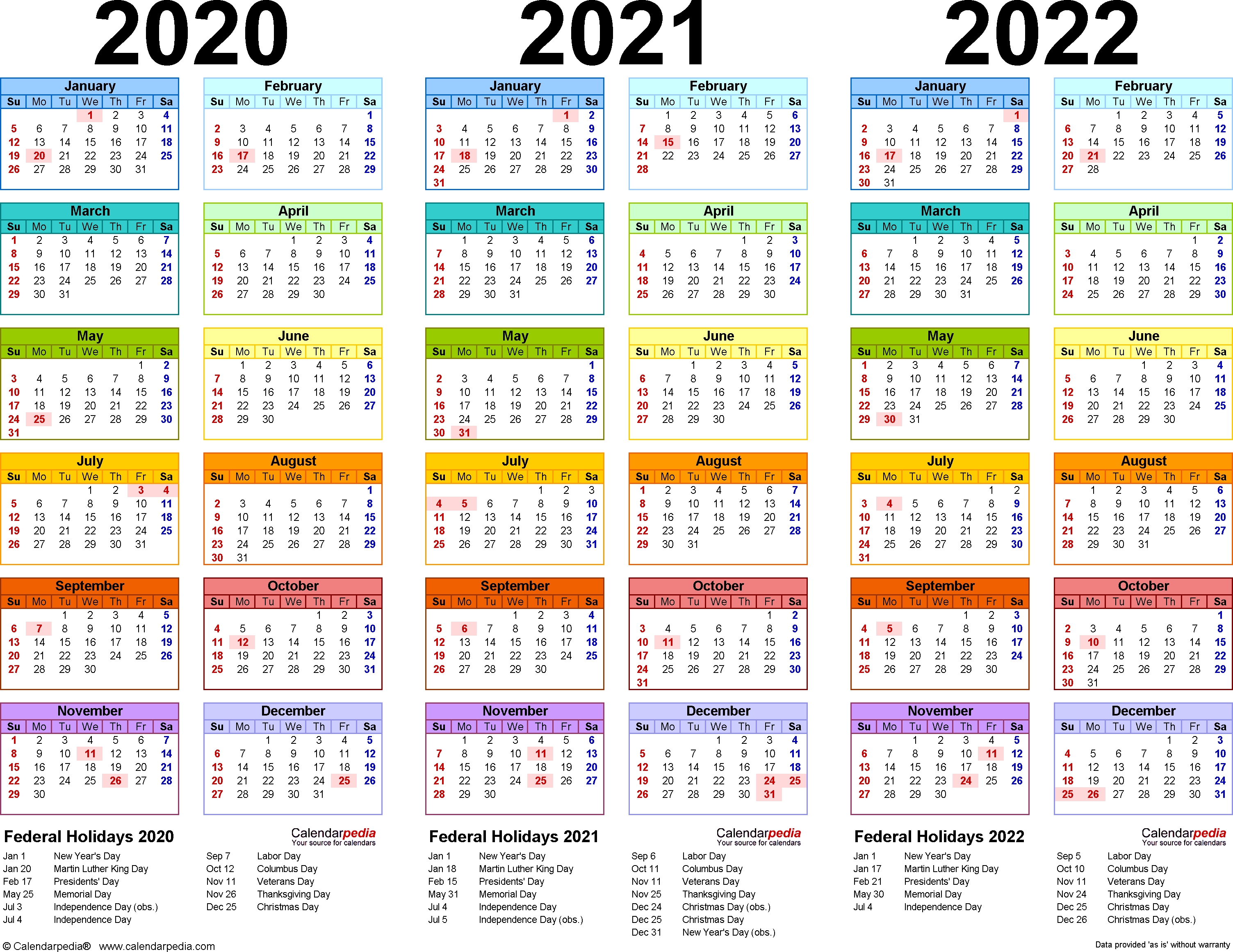 2020/2021/2022 Calendar - 4 Three-Year Printable Pdf Calendars-January 2020 Style 3 Calendar