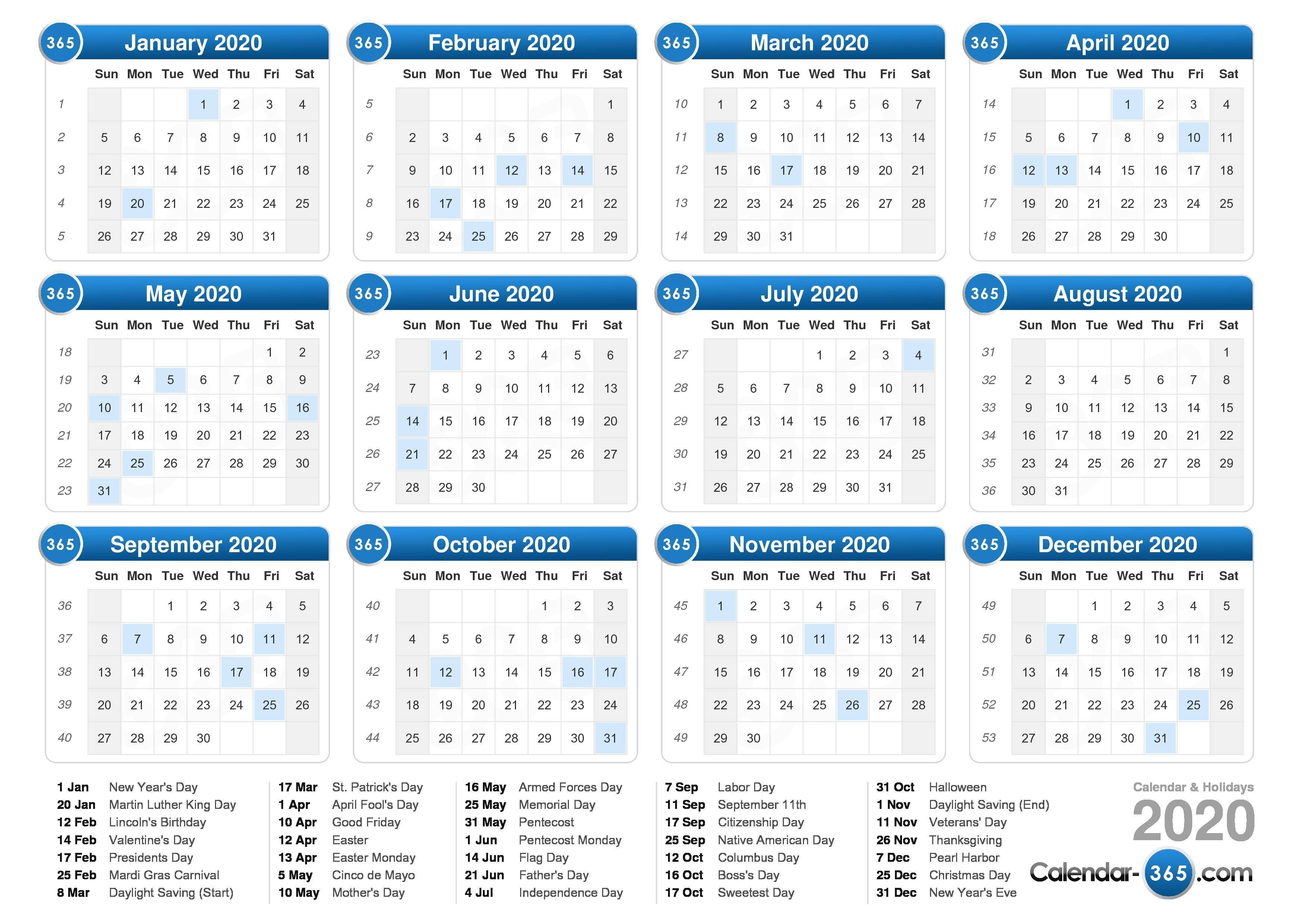 2020 Calendar-2020 Calendar Us Holidays