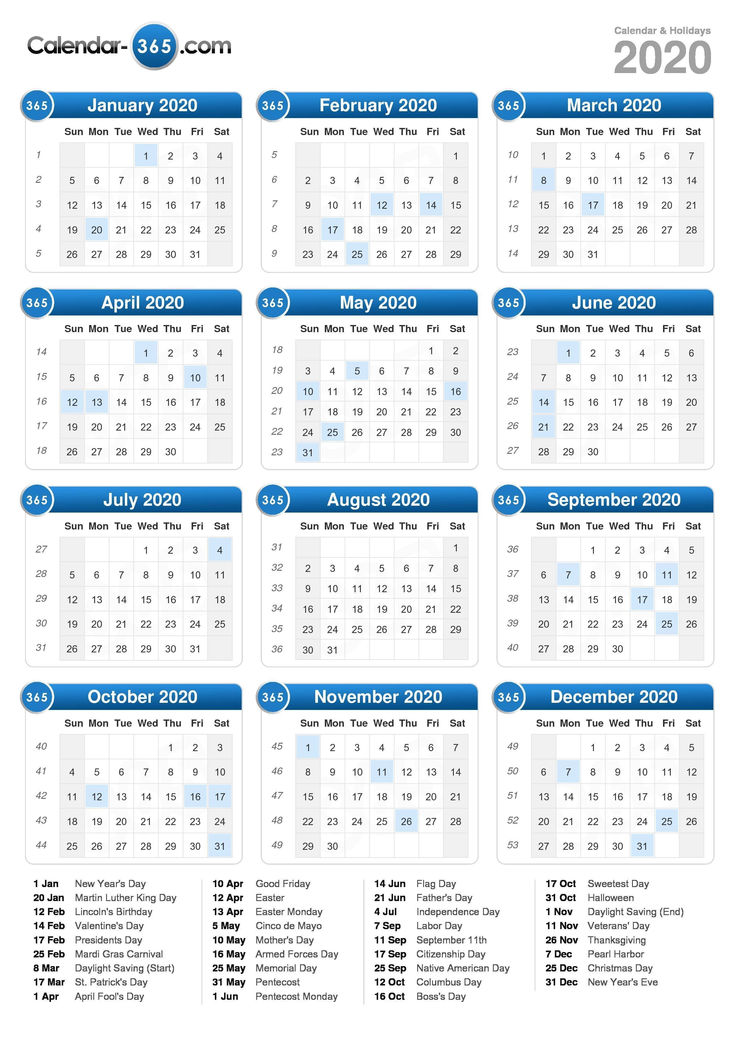 2020 Calendar-2020 Calendar With Holidays