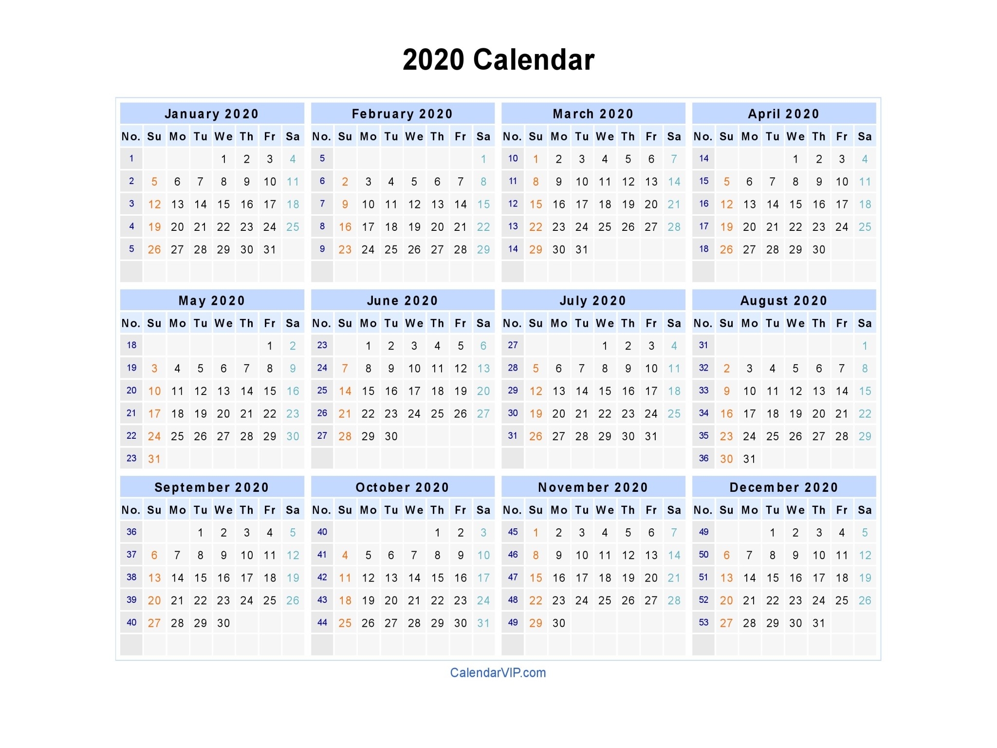 2020 Calendar - Blank Printable Calendar Template In Pdf-2020 Word Calendar Template