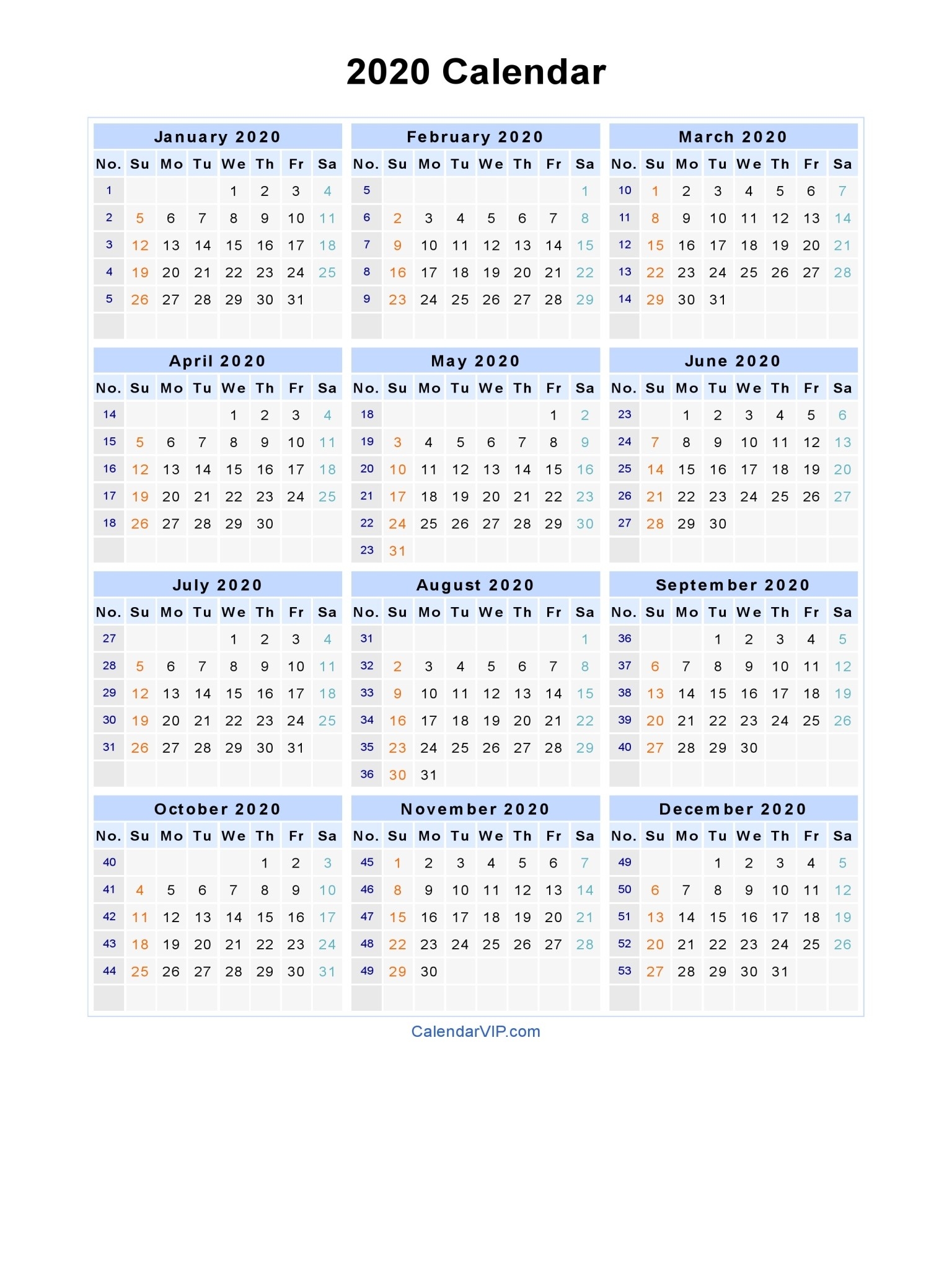 2020 Calendar - Blank Printable Calendar Template In Pdf-Calendar Templates 2020 Week Numbers