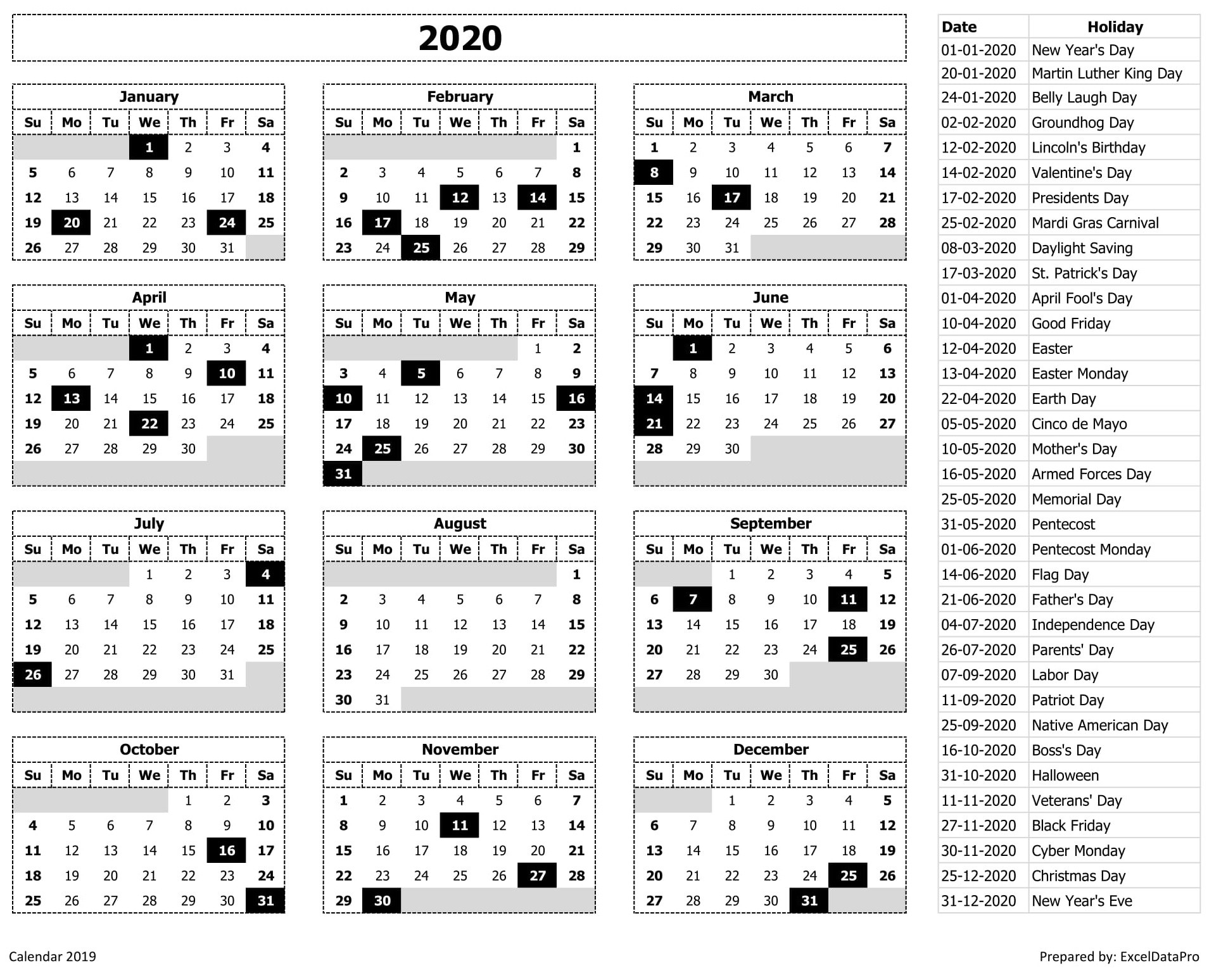 List Of Holidays 2020 Calendar Template Printable