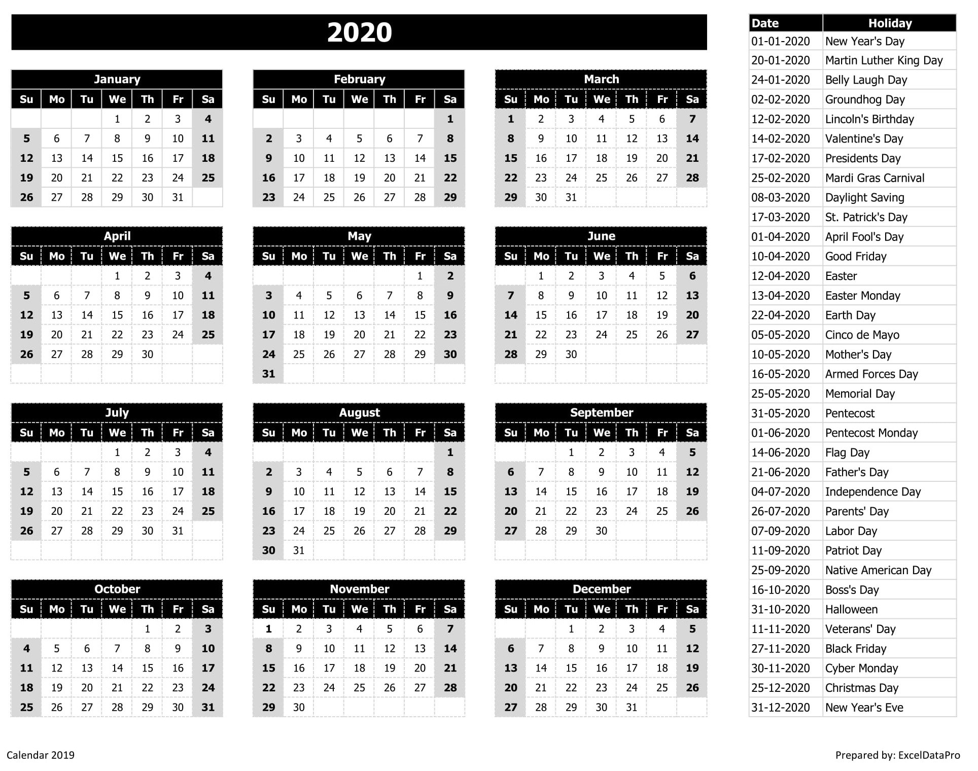 2020 Calendar Excel Templates, Printable Pdfs &amp; Images-List Of Holidays 2020