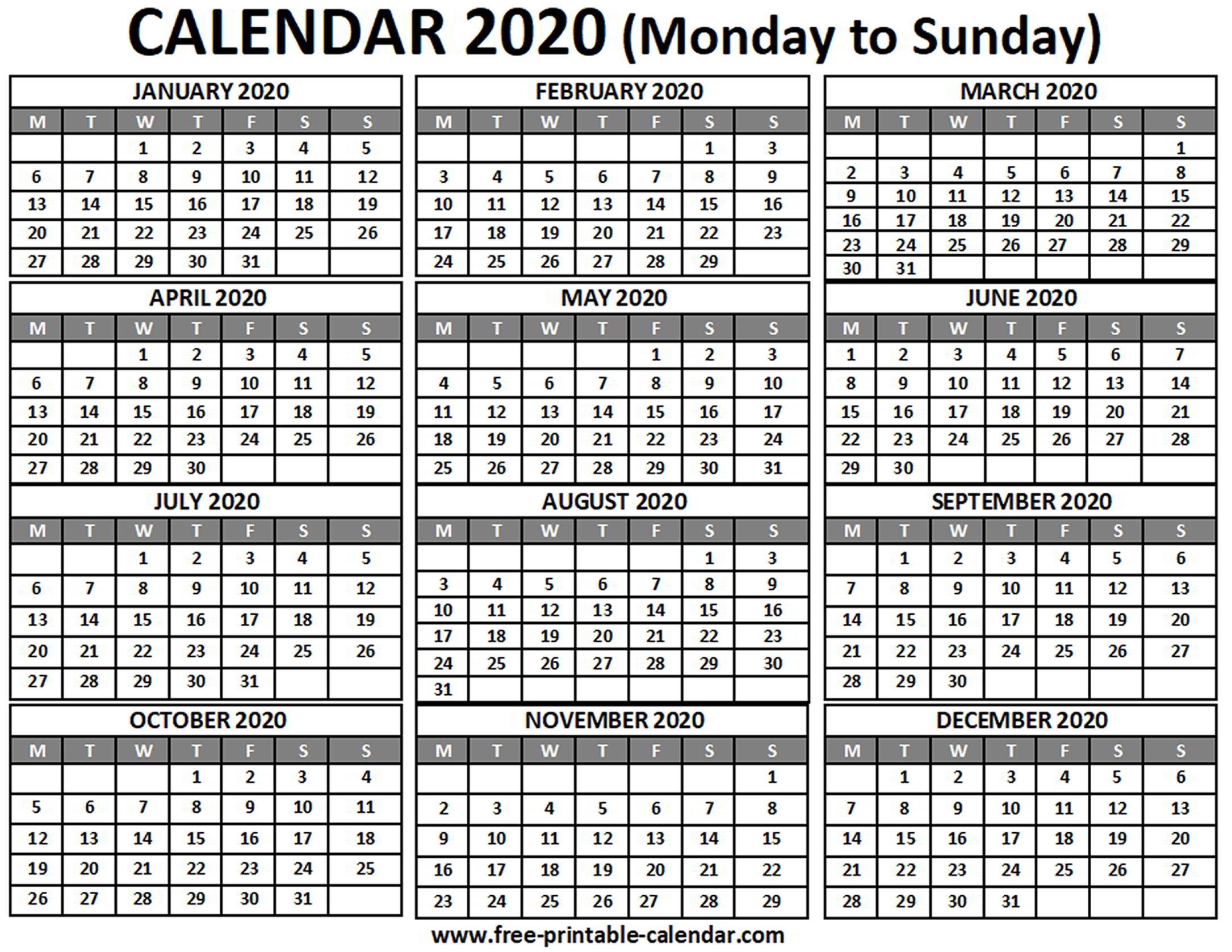 2020 Calendar - Free-Printable-Calendar-2020 Calendar Templates Monday - Sunday