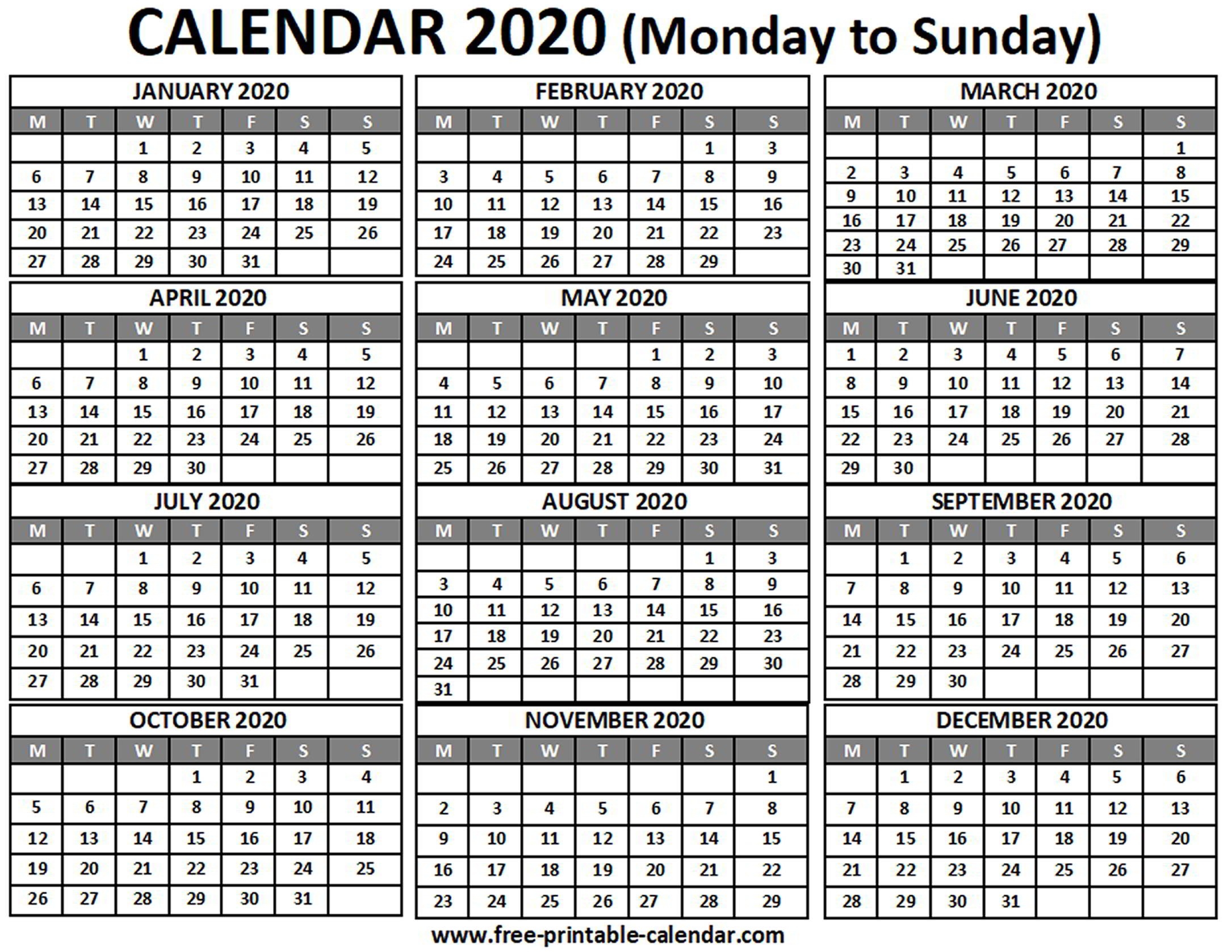 2020 Calendar - Free-Printable-Calendar-Printable Calendar 2020 Monthly Monday Start