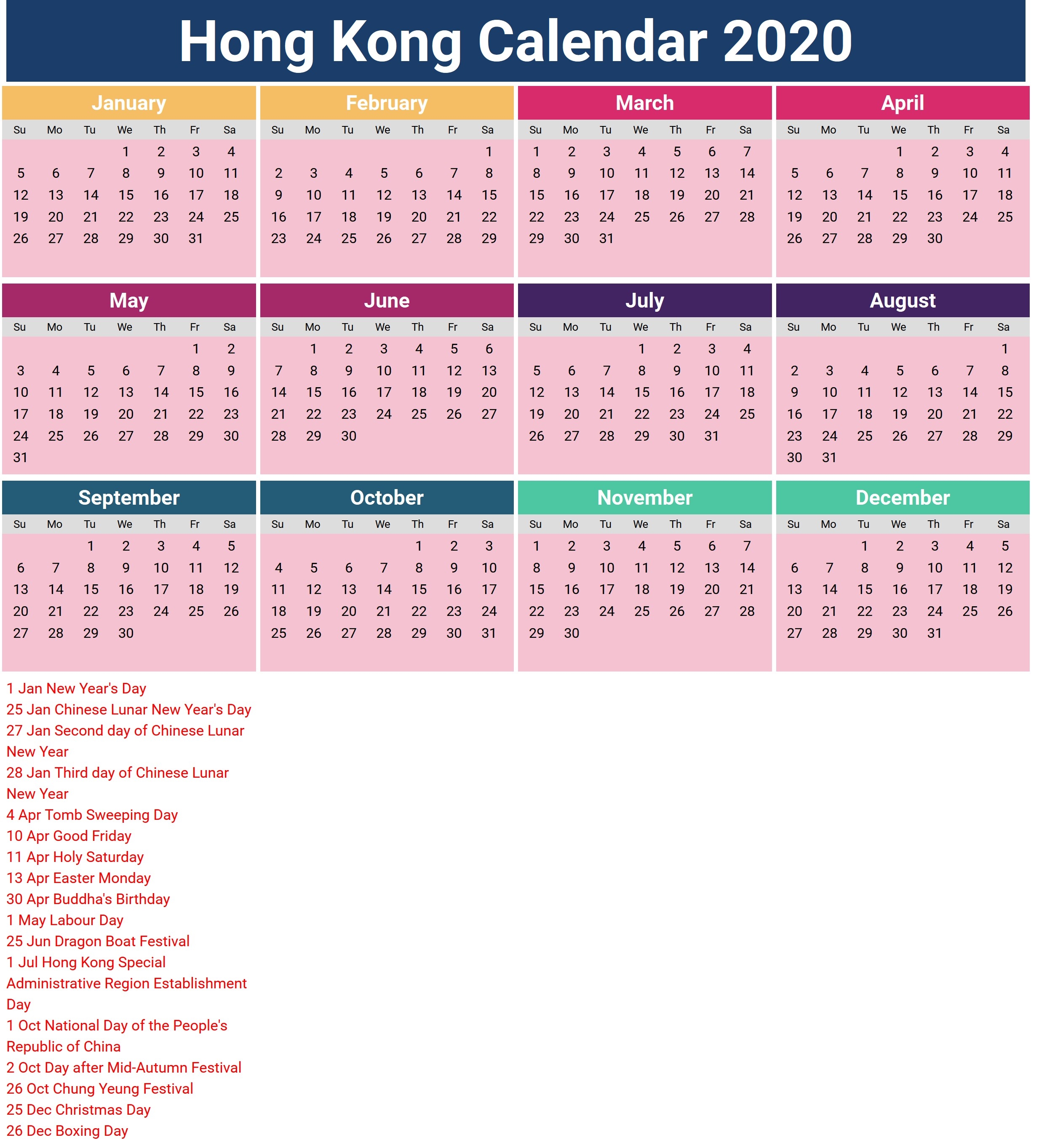 2020 Calendar Hong Kong – Printable Year Calendar-January 2020 Calendar Hk