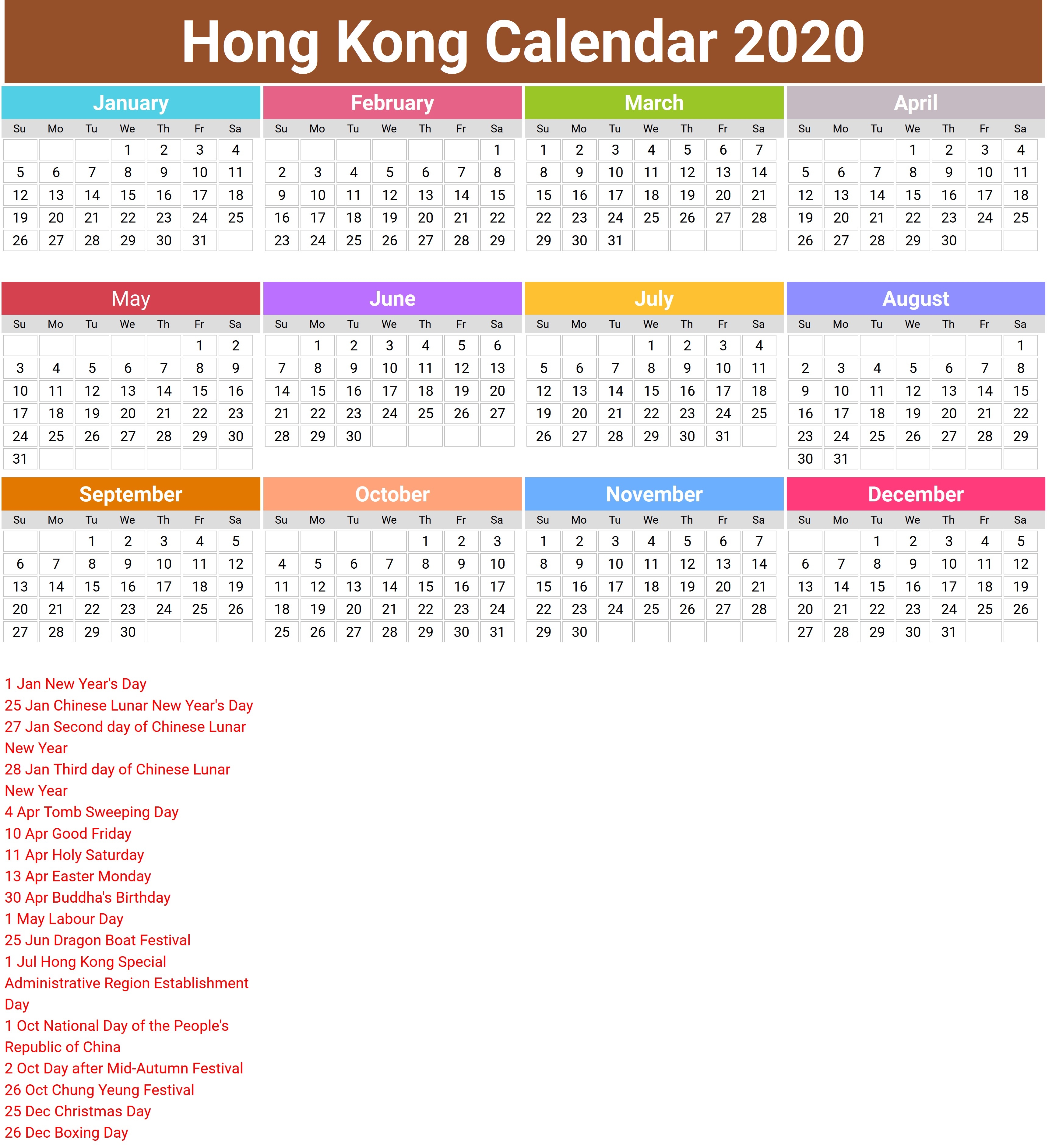 2020 Calendar Hong Kong – Printable Year Calendar-January 2020 Calendar Hong Kong