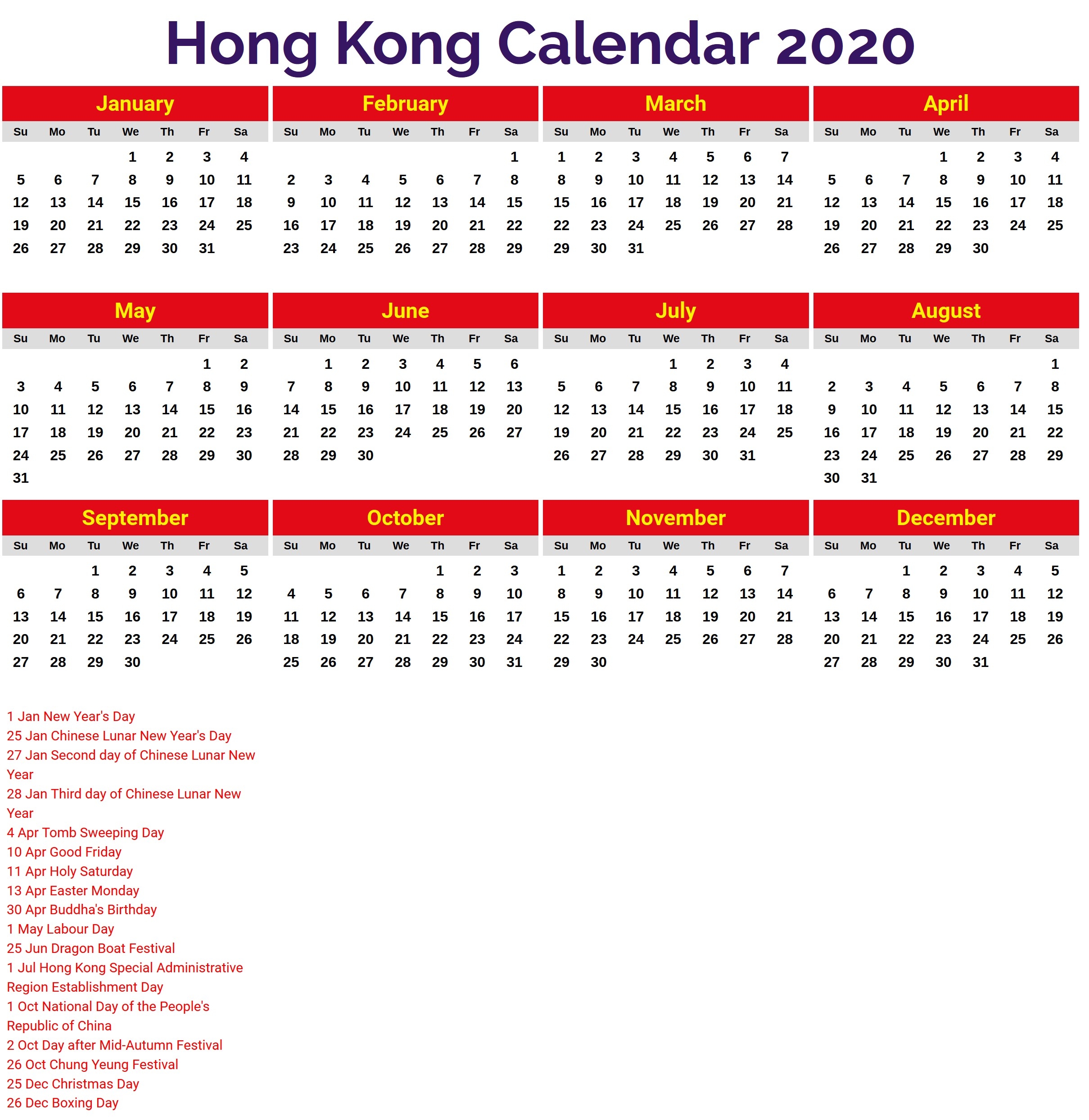 2020 Calendar Hong Kong – Printable Year Calendar-January 2020 Calendar Hong Kong