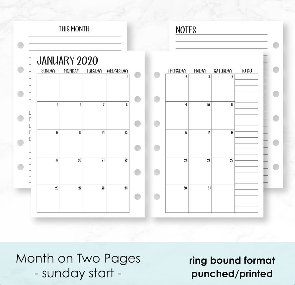 2020 Calendar + Insert Paper Fits Filofax Refill Organizer-Two Page Monthly Calendar 2020