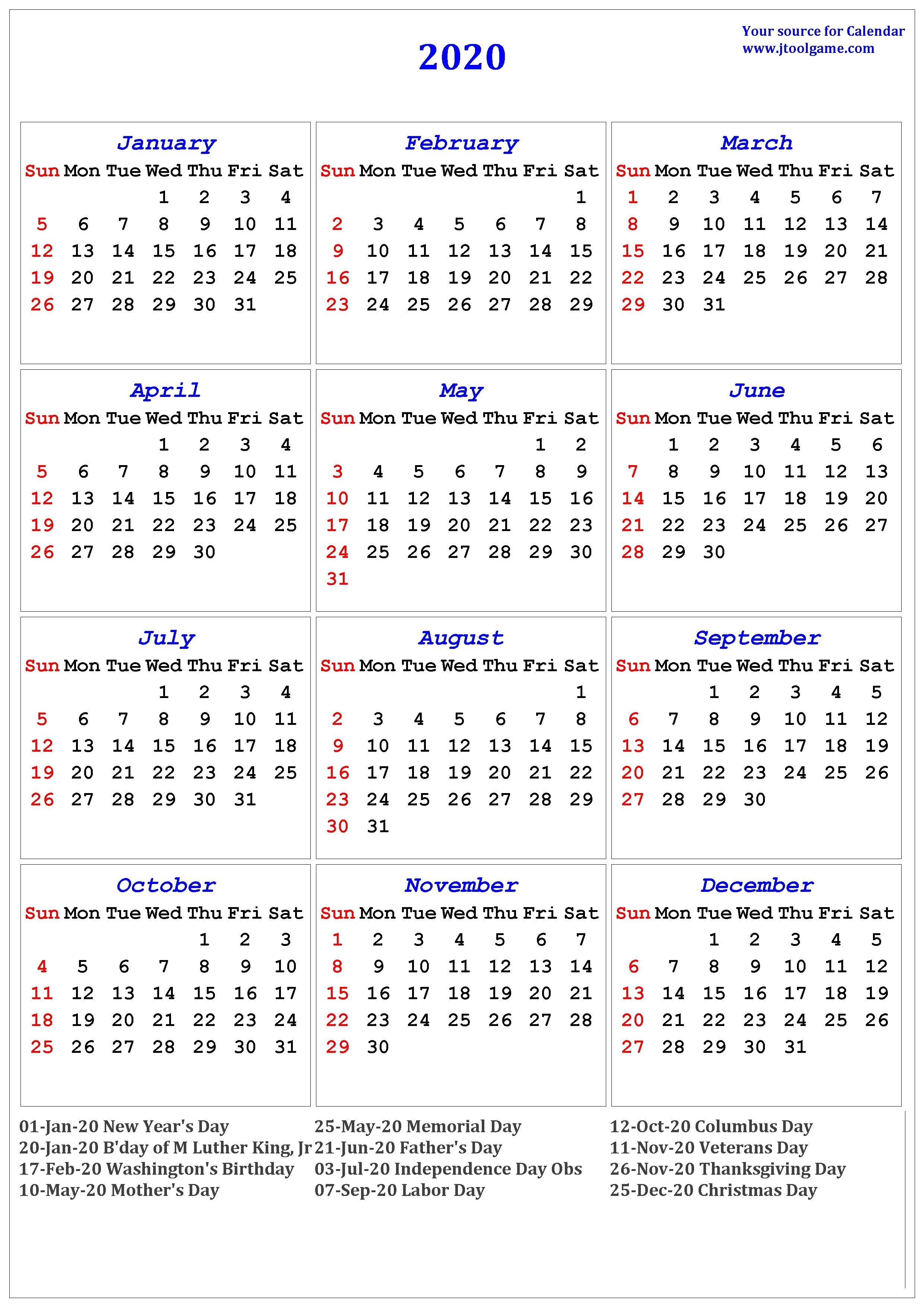 2020 Calendar - Printable Calendar. 2020 Calendar In-January 2020 Ka Calendar