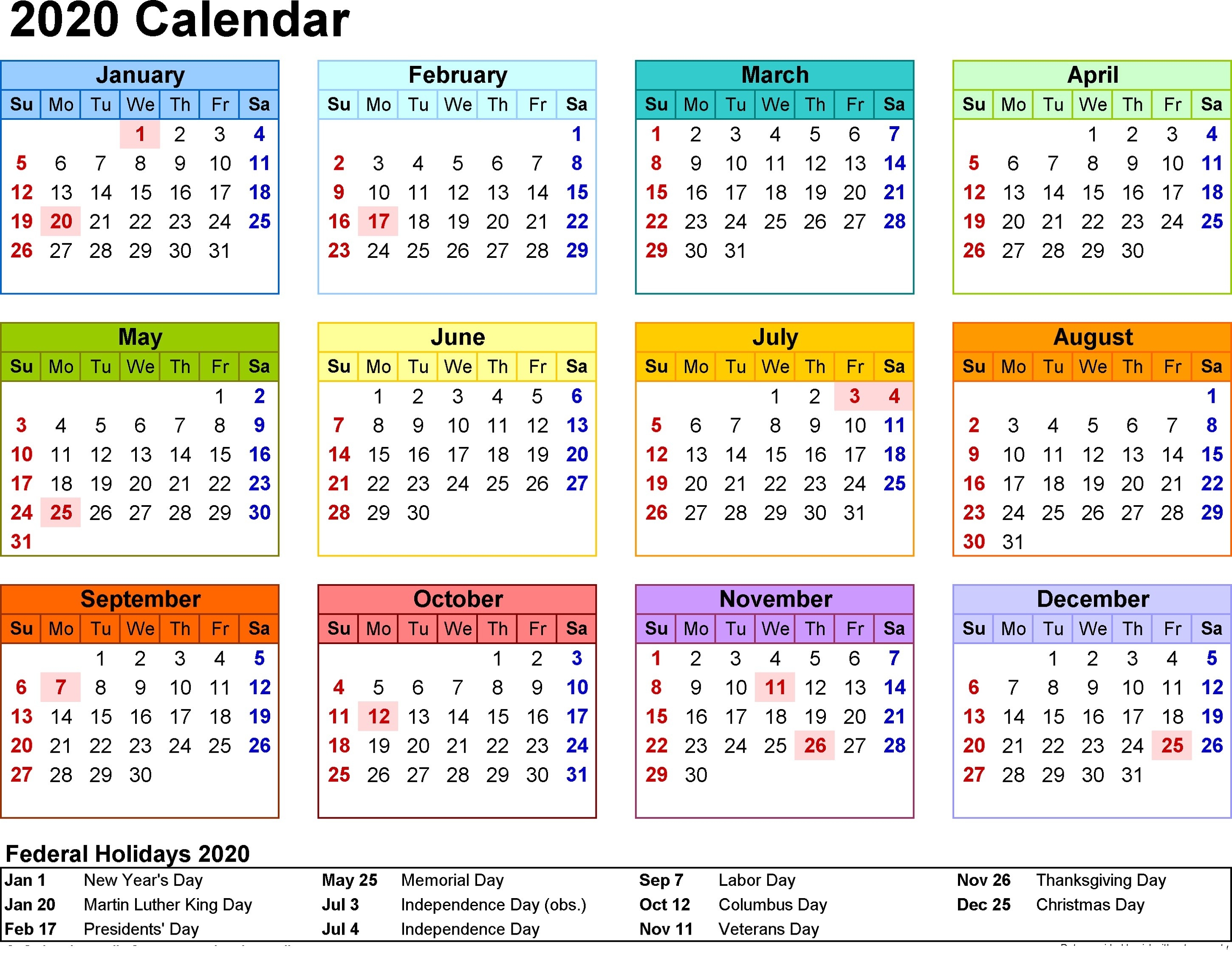 2020 Calendar Printable With Holidays And Notes | Calendar-2020 Calendar Template Claendar Labs