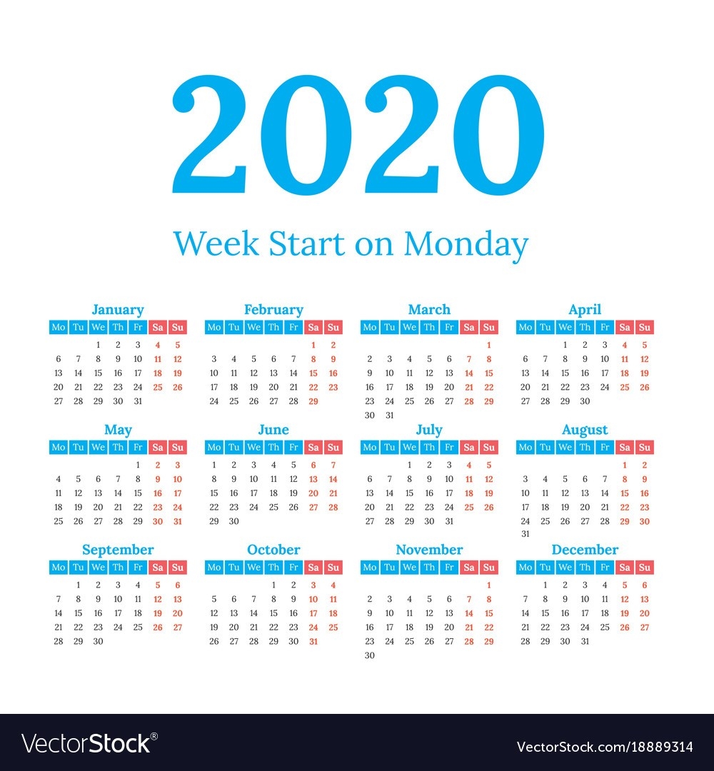 2020 Calendar Start On Monday-Printable Calendar 2020 Monthly Monday Weekday Start