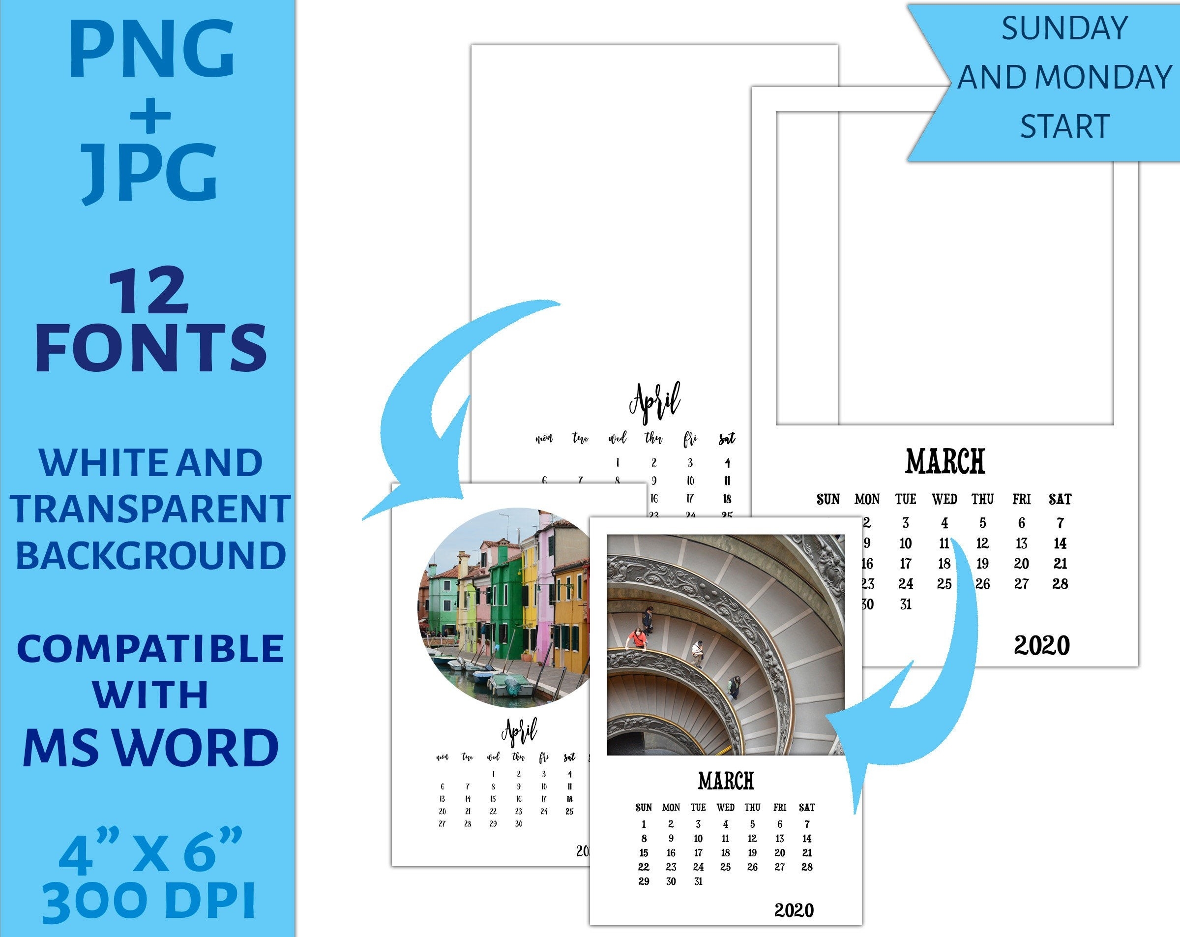 2020 Calendar Templates 4&quot;x6&quot; - 12 Fonts - Monday And Sunday Start -  Personal Or Commercial Use-Free Printable 4X6 Calendars 2020 Templates