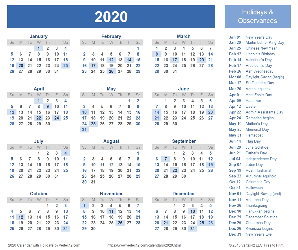 2020 Calendar Templates And Images-2020 Calendar Photo Holidays