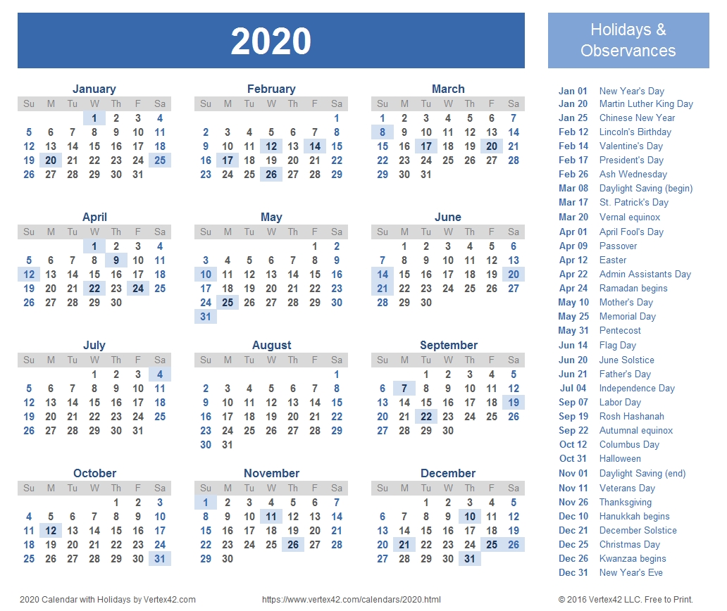 2020 Calendar With Holidays | Calendar Template Printable