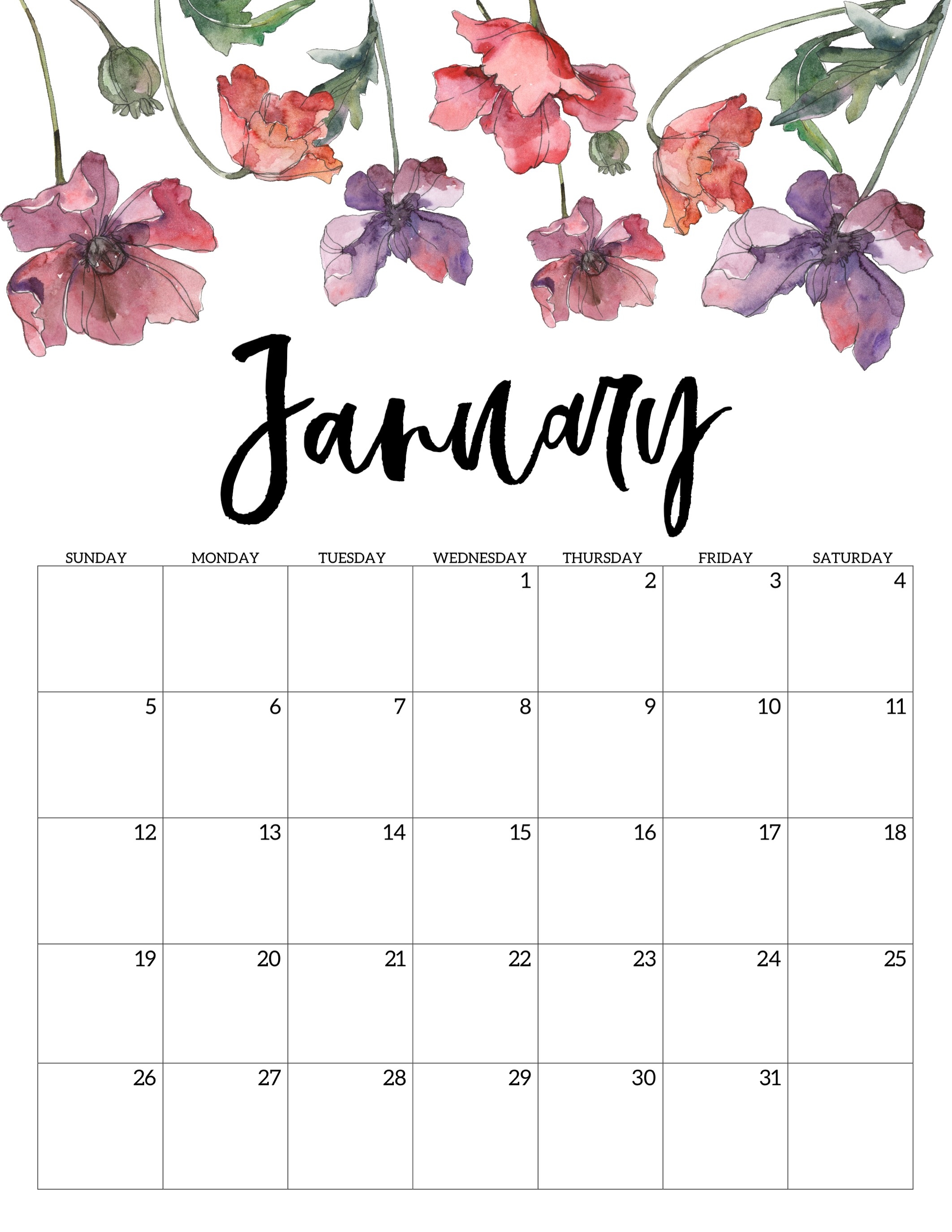 2020 Free Printable Calendar - Floral - Paper Trail Design-Cute January 2020 Calendar