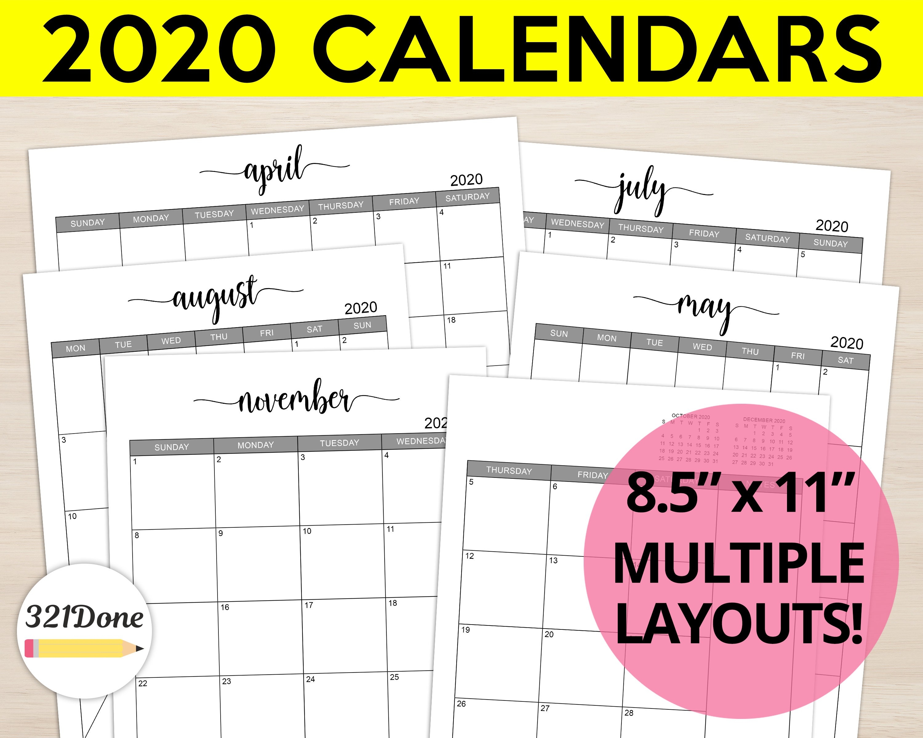 2020 Monthly Calendars Printable Set Planner Refill Blank Month Calendar  Bundle Template Simple Journal Letter 8.5&quot; X 11&quot; Pdf Files-Printable 8.5 By 11 Blank Calendar