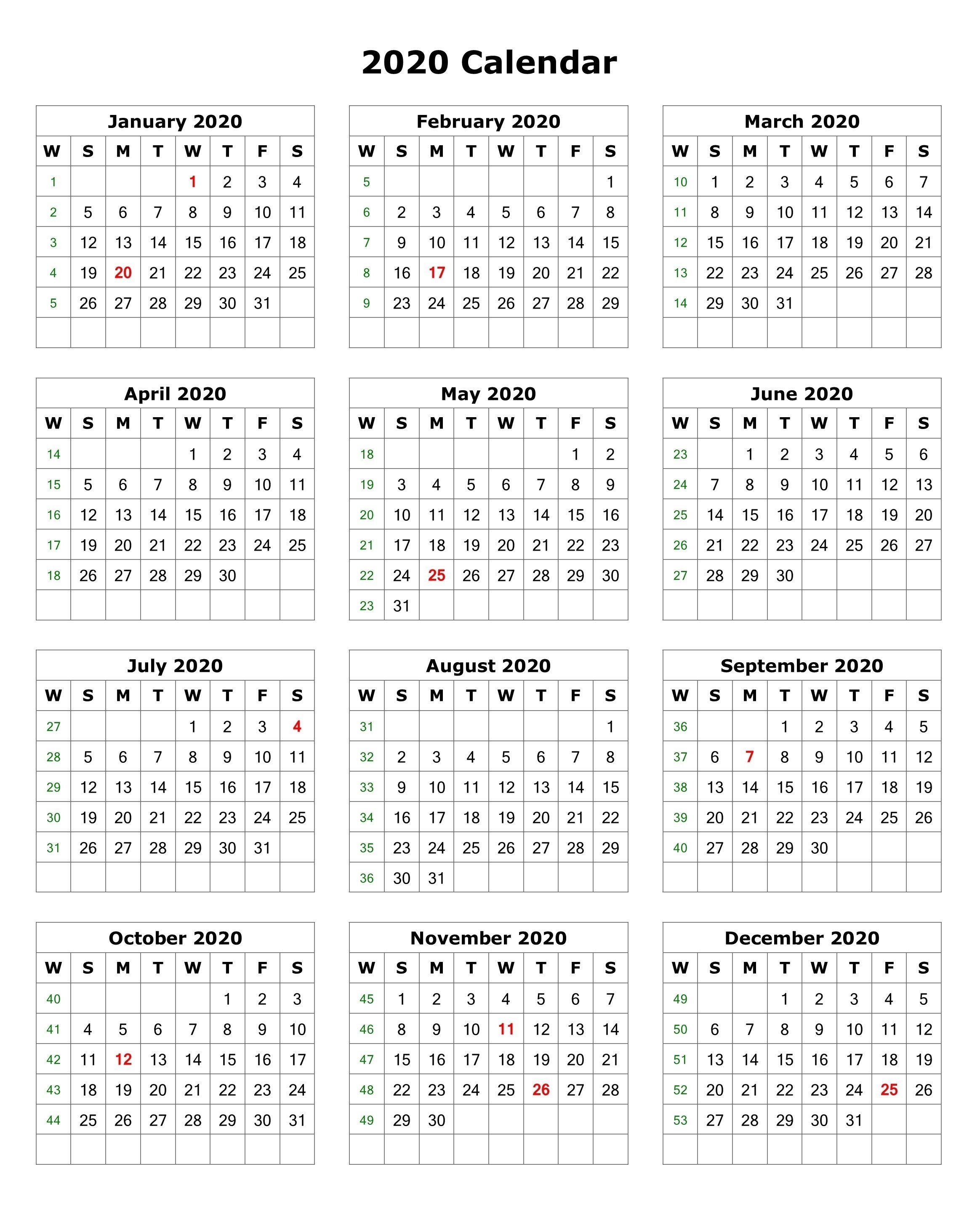 2020 One Page Portrait Calendar | 2020 Calendars | Monthly-6 Month Blank Calendar 2020