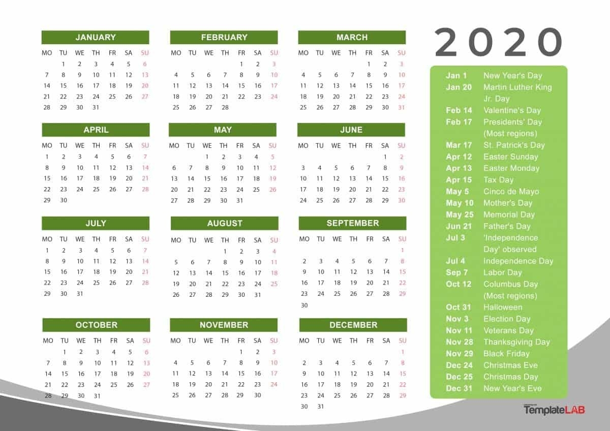 2020 Printable Calendars [Monthly, With Holidays, Yearly] ᐅ-2020 Calendar Template Calendar Labs