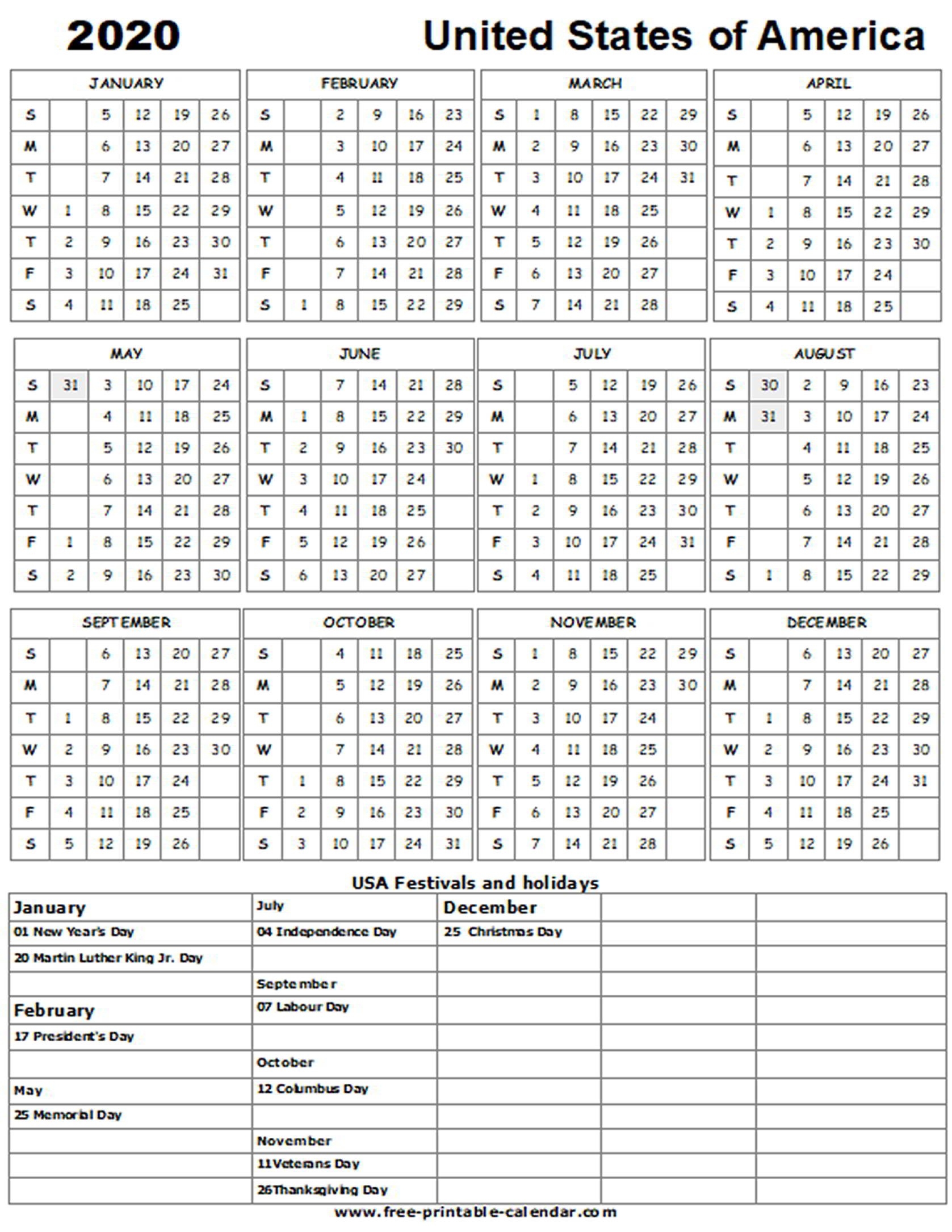 2020 Us Holiday Calendar - Free-Printable-Calendar-Calendar 2020 Us Holidays