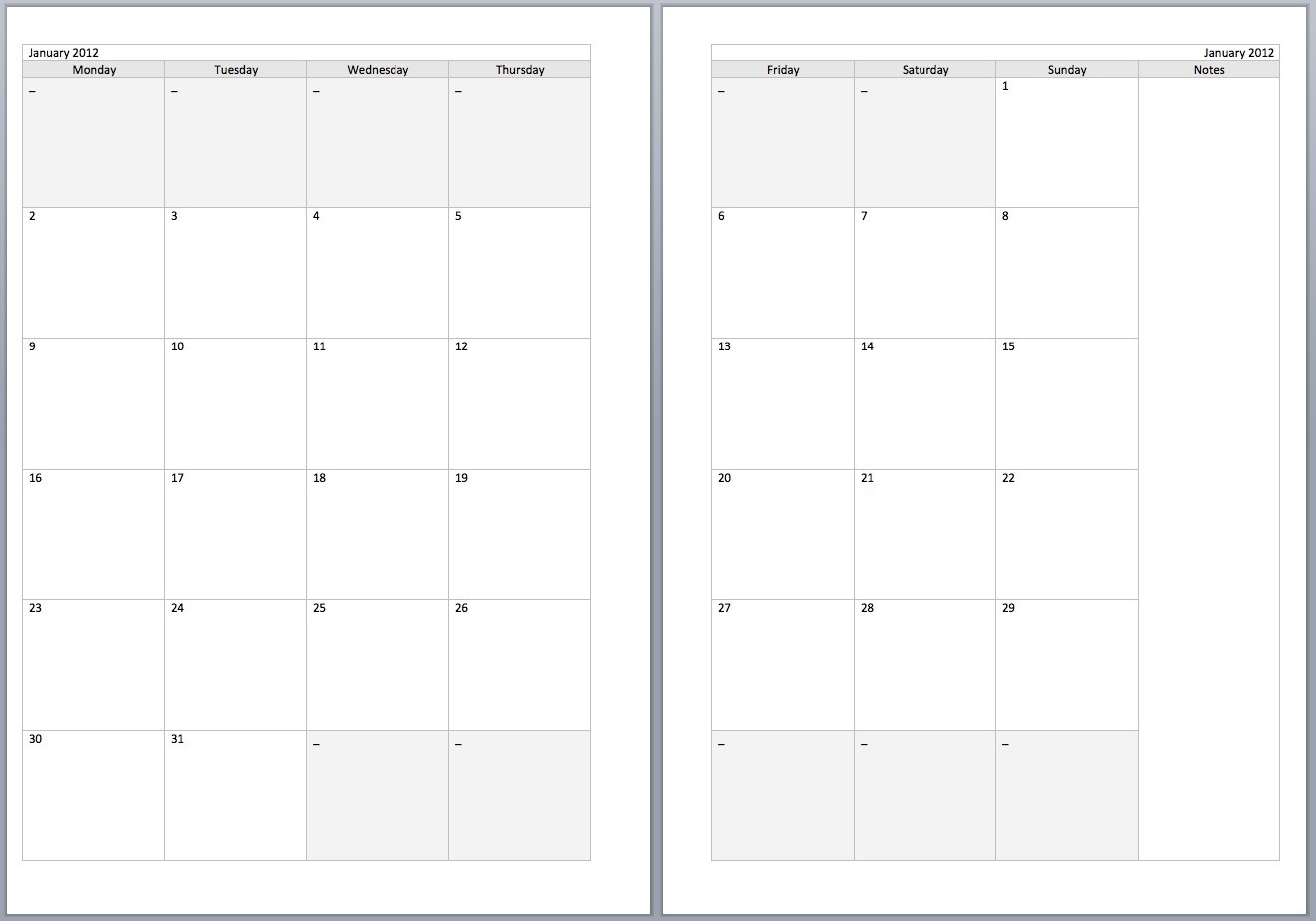 2 Month Calendar Template