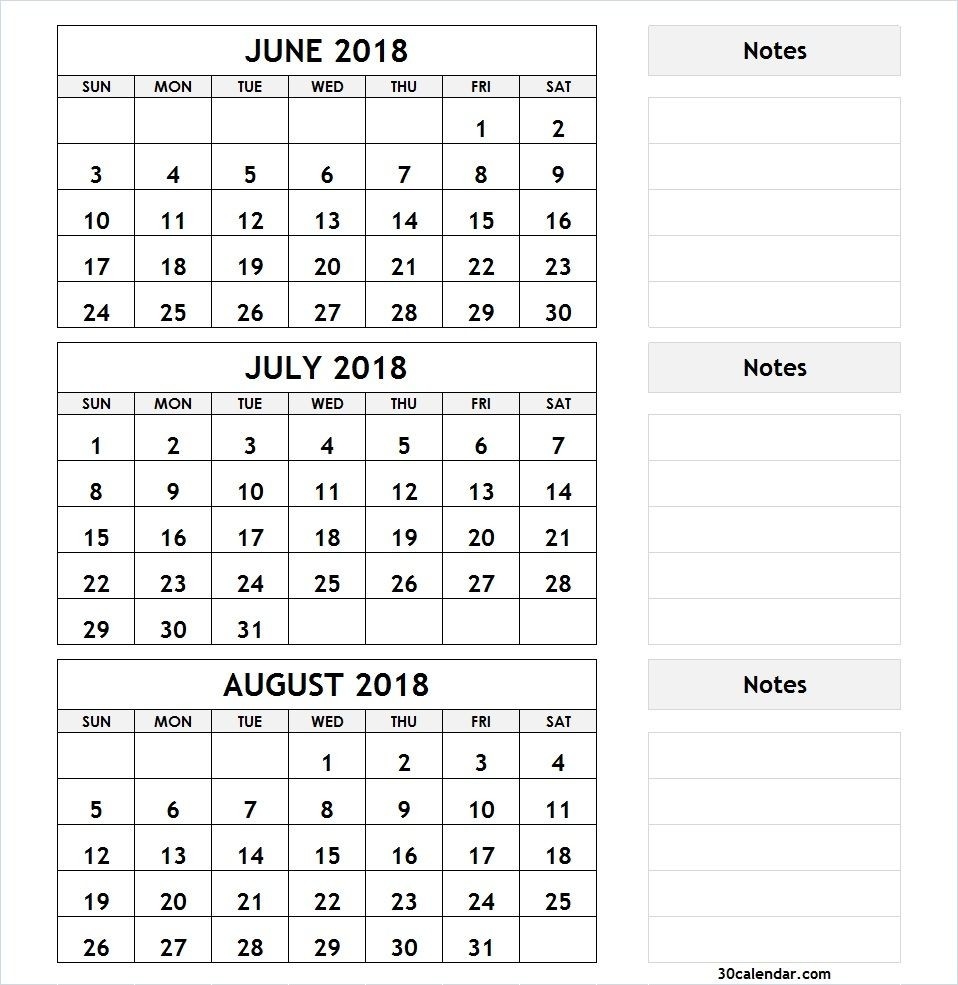 3 Month Calendar June July August 2018 | 2018 Calendar | 3-June July &amp;amp; August Blank Calendar