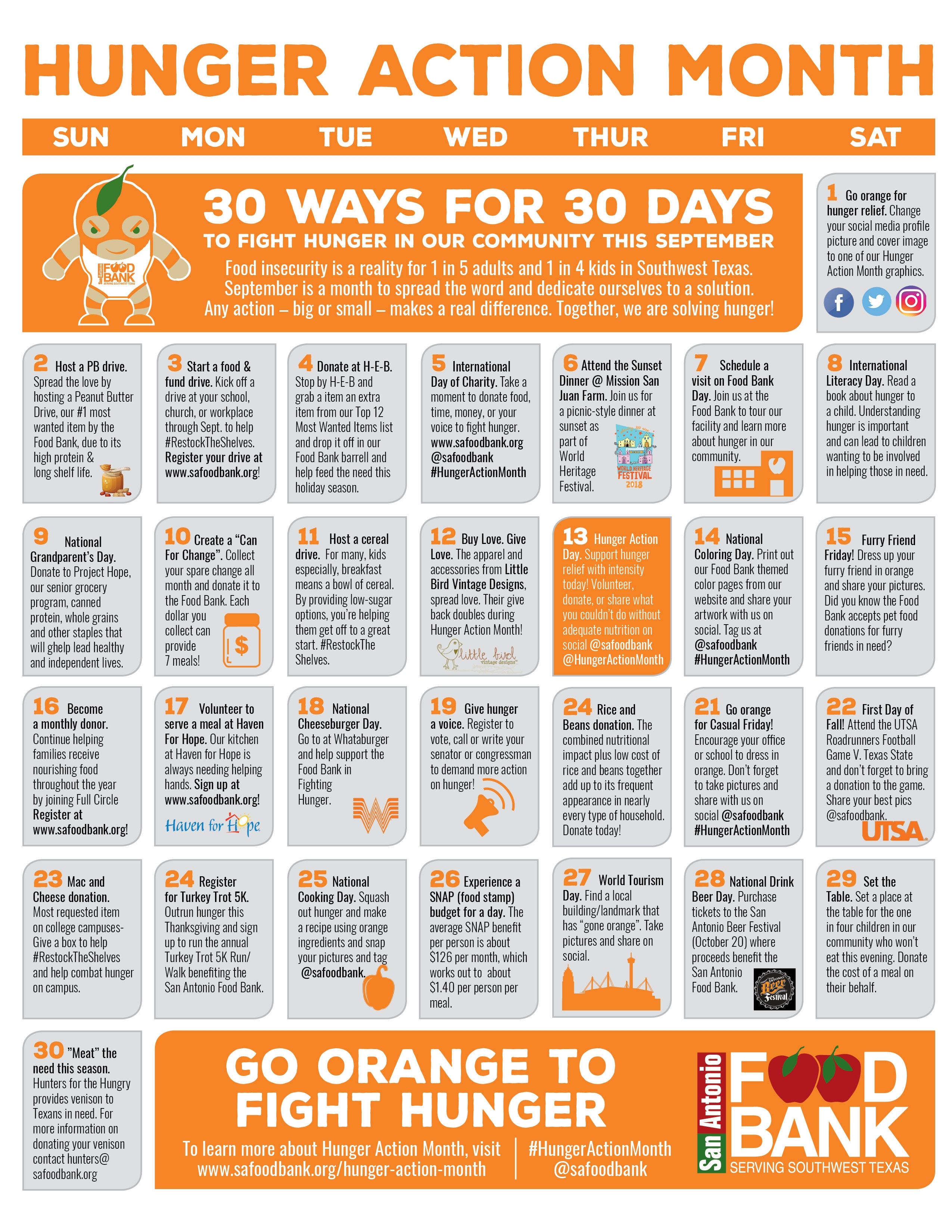 30 Ways For 30 Days Calendar - San Antonio Food Bank-National Monthly Calendar For Food