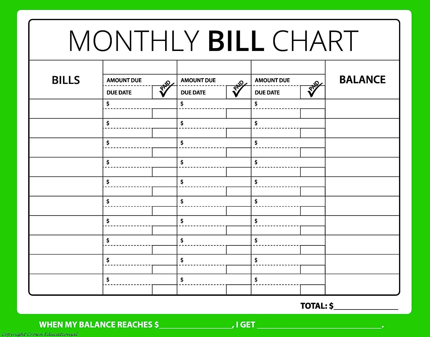 Printable Monthly Bill Chart Calendar Template Printable