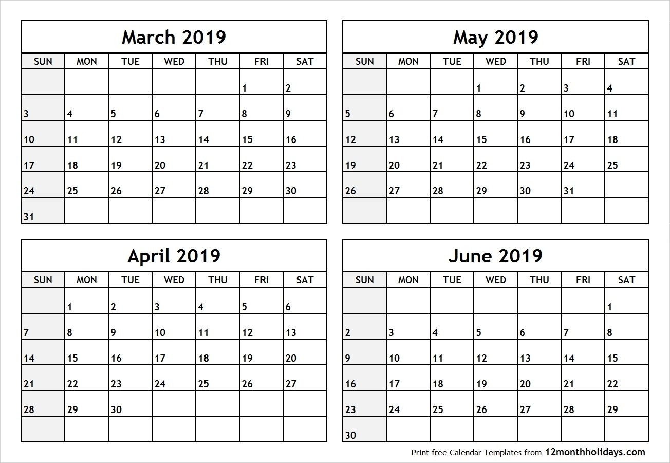 4 Month Blank Calendar 2019 March April May June #april #may-4 Month Blank Calendar