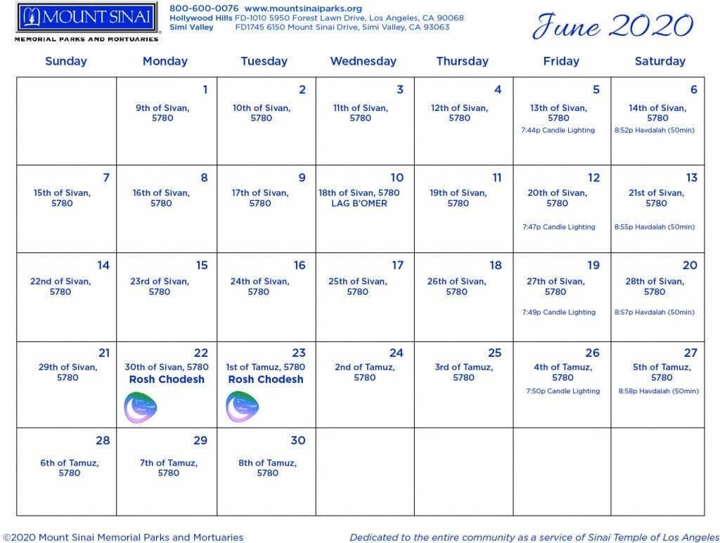 5779 / 5780 Hebrew Calendar - Mount Sinai Memorial Parks And-2020 Jewish Calendar With Holidays