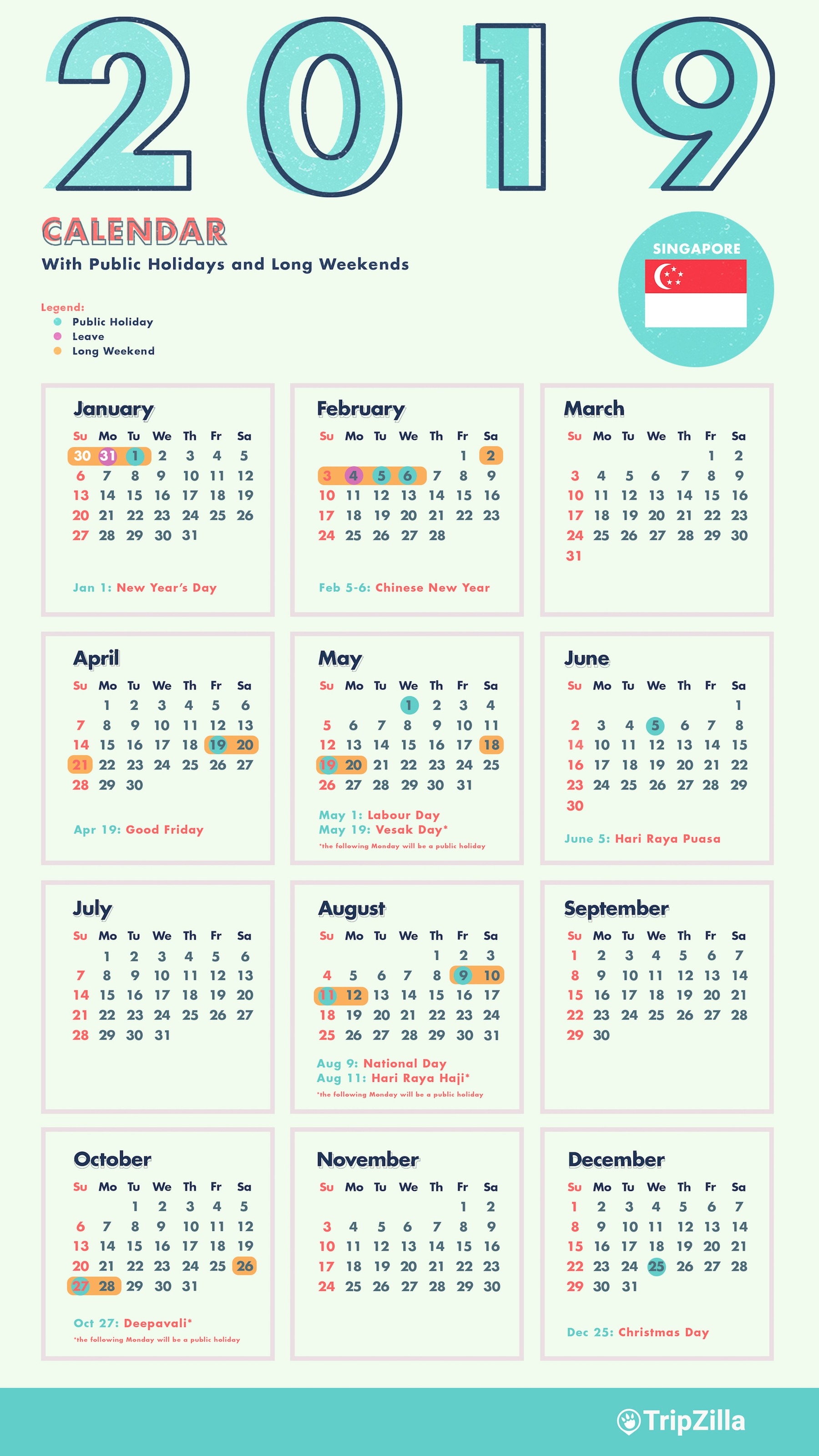 6 Long Weekends In Singapore In 2019 (Bonus Calendar-Calendar With Public Holidays