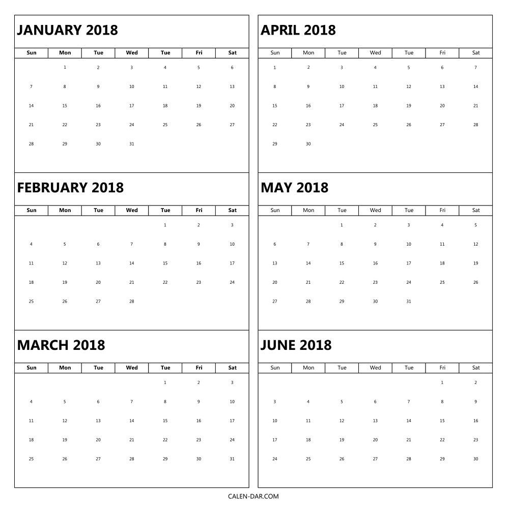 6 Month 2018 Calendar Printable | 2018 Calendars | 2018-Six Month Calendar Template