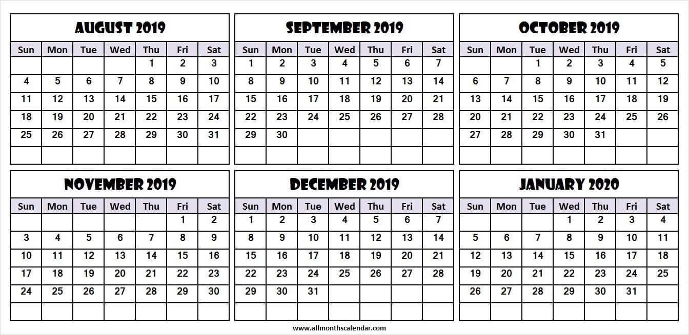 6 Month Calendar August 2019 To January 2020 | Download 2019-2020 Six Month Calendar Template