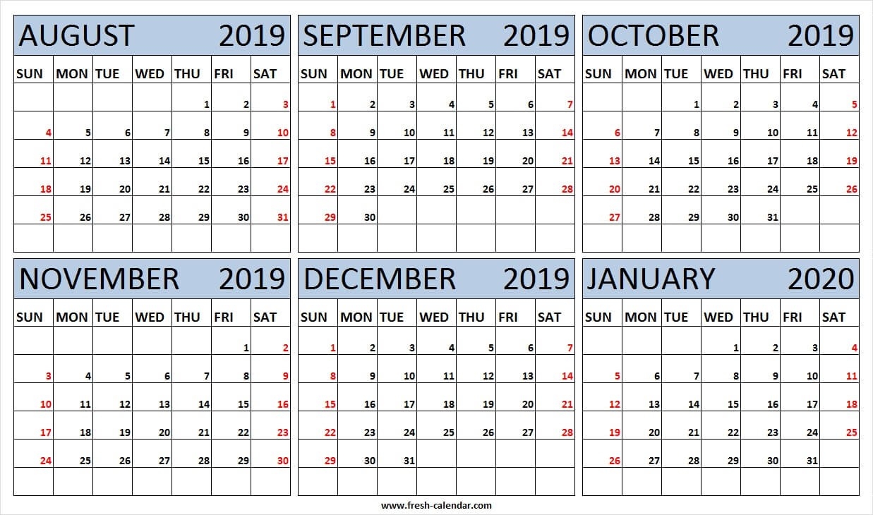 6 Month Calendar August 2019 To January 2020 Free | 2019-2020 Six Month Calendar Template