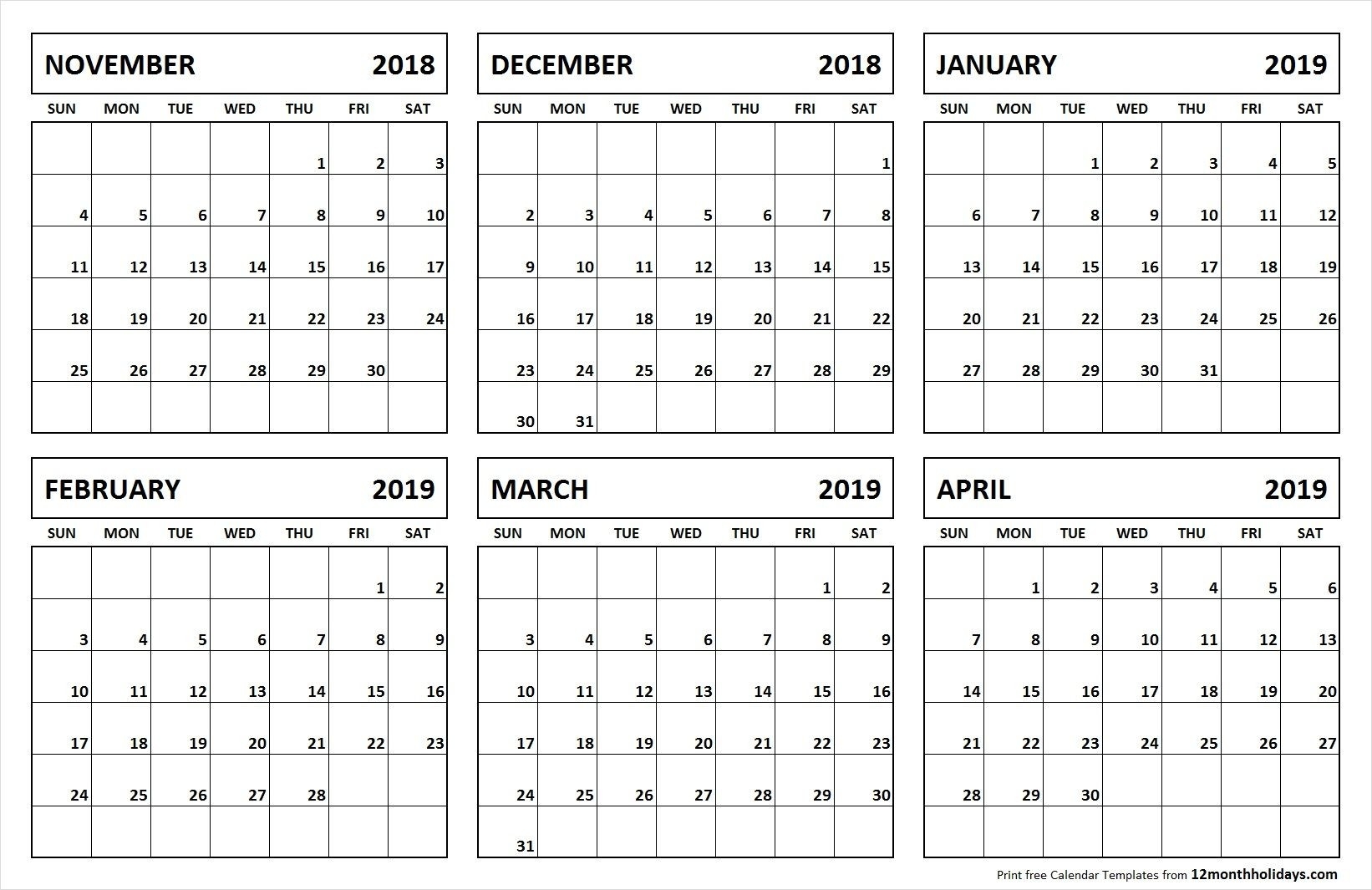 6 Month Calendar November 2018 April 2019 | November 2018 To-Free Six Month Calendar Template