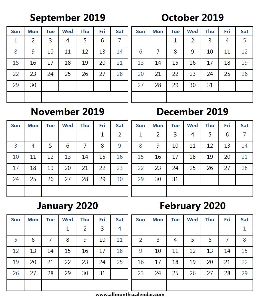 6 Month Calendar September 2019 To February 2020 | Month-2020 Six Month Calendar Template