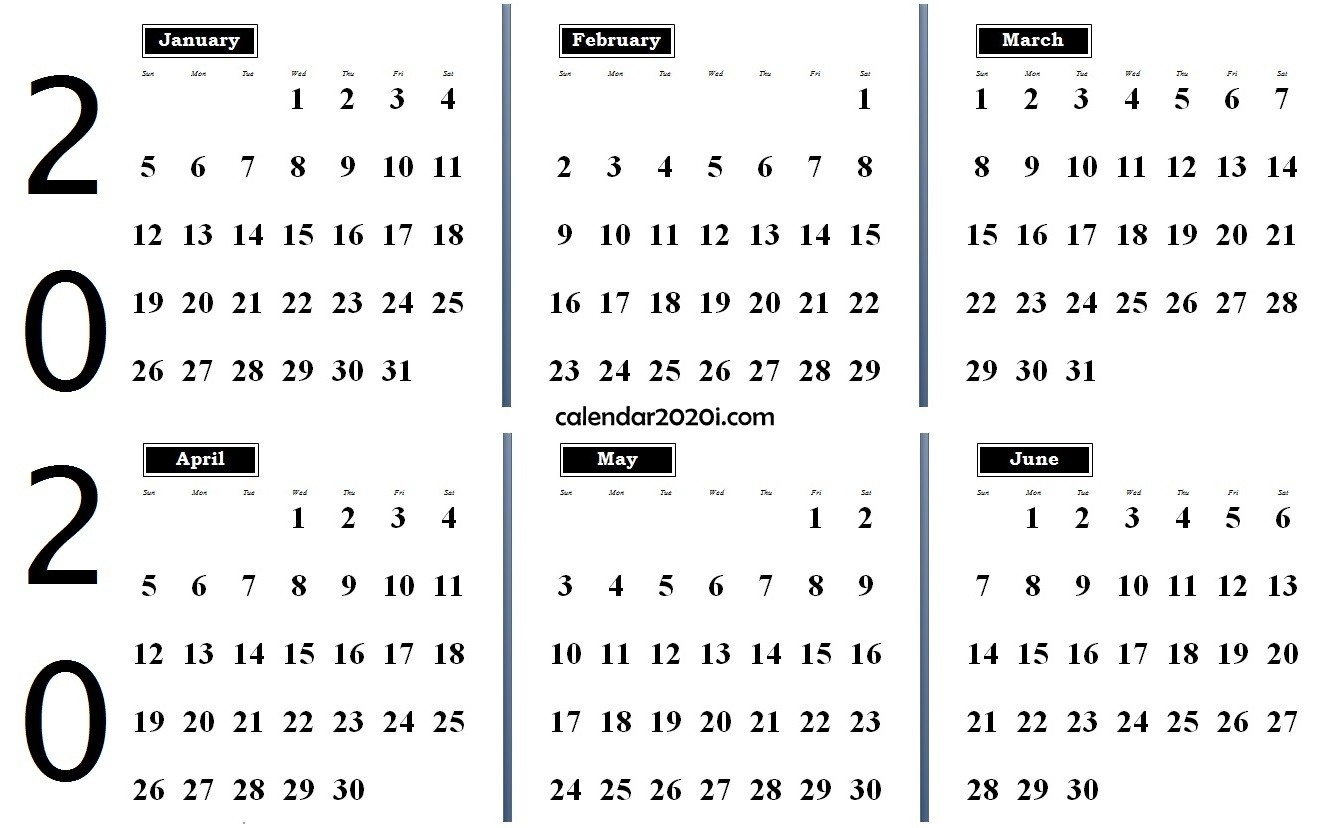 6 Months 2020 Half Year Printable Calendar | Calendar 2020-2020 Six Month Calendar Template