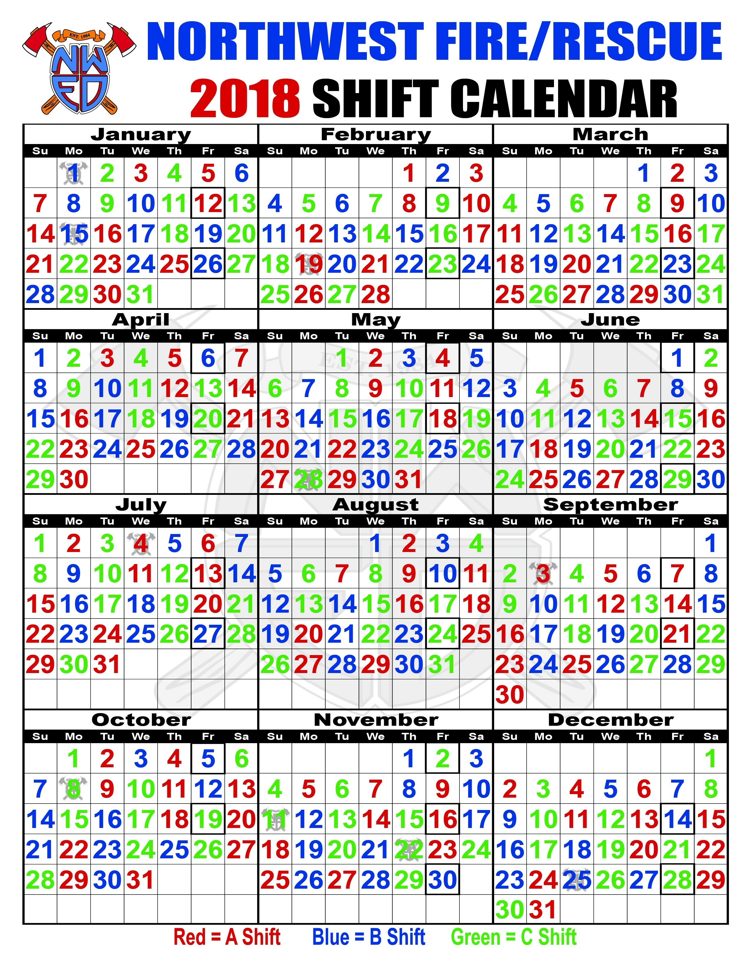 Abc Firefighter Shift Calendar 2018 Printed For Cost-Free-Firefighter Shift Calendar Template