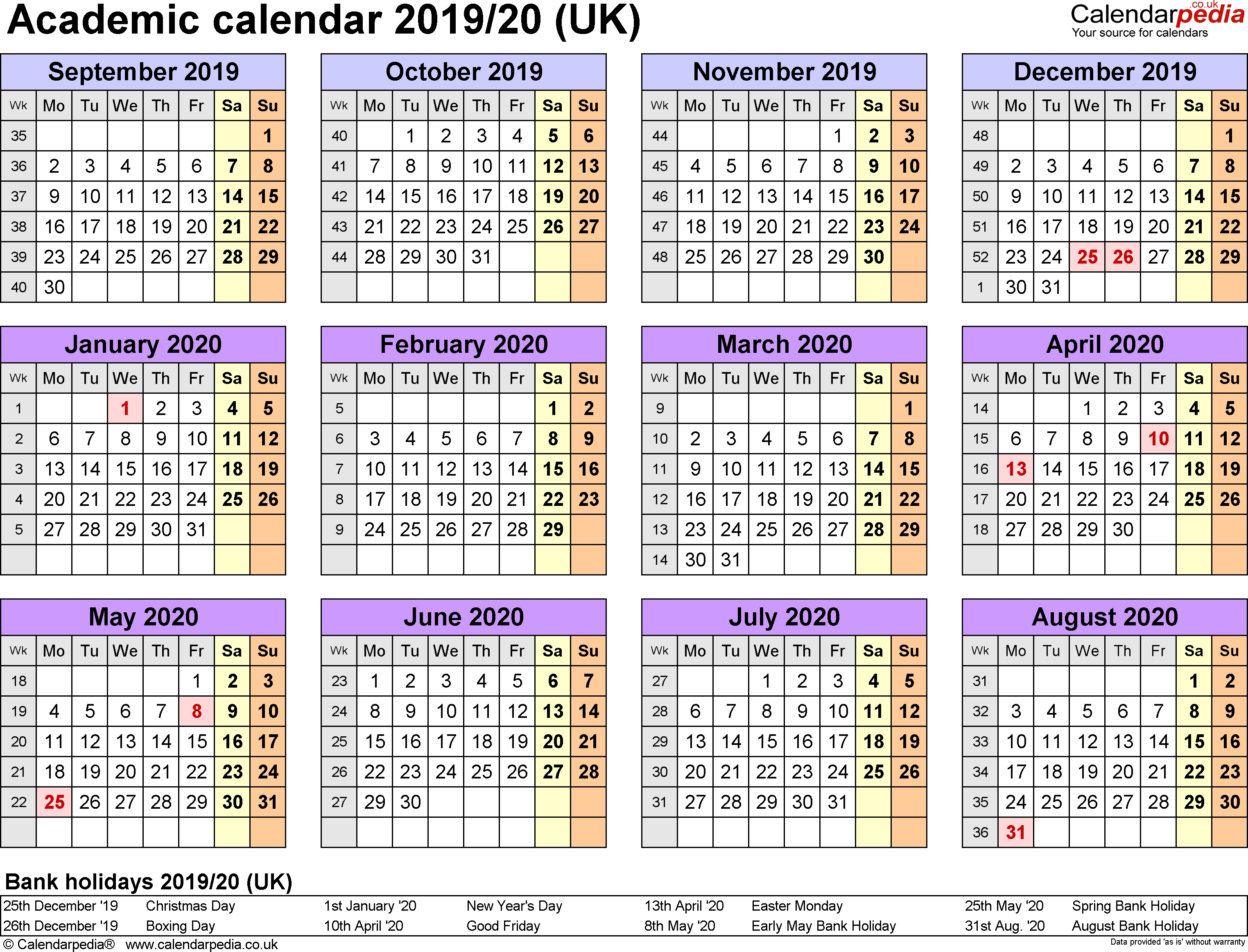 Academic Calendars 2019/2020 As Free Printable Word Templates-2020 Calendar Labs Template