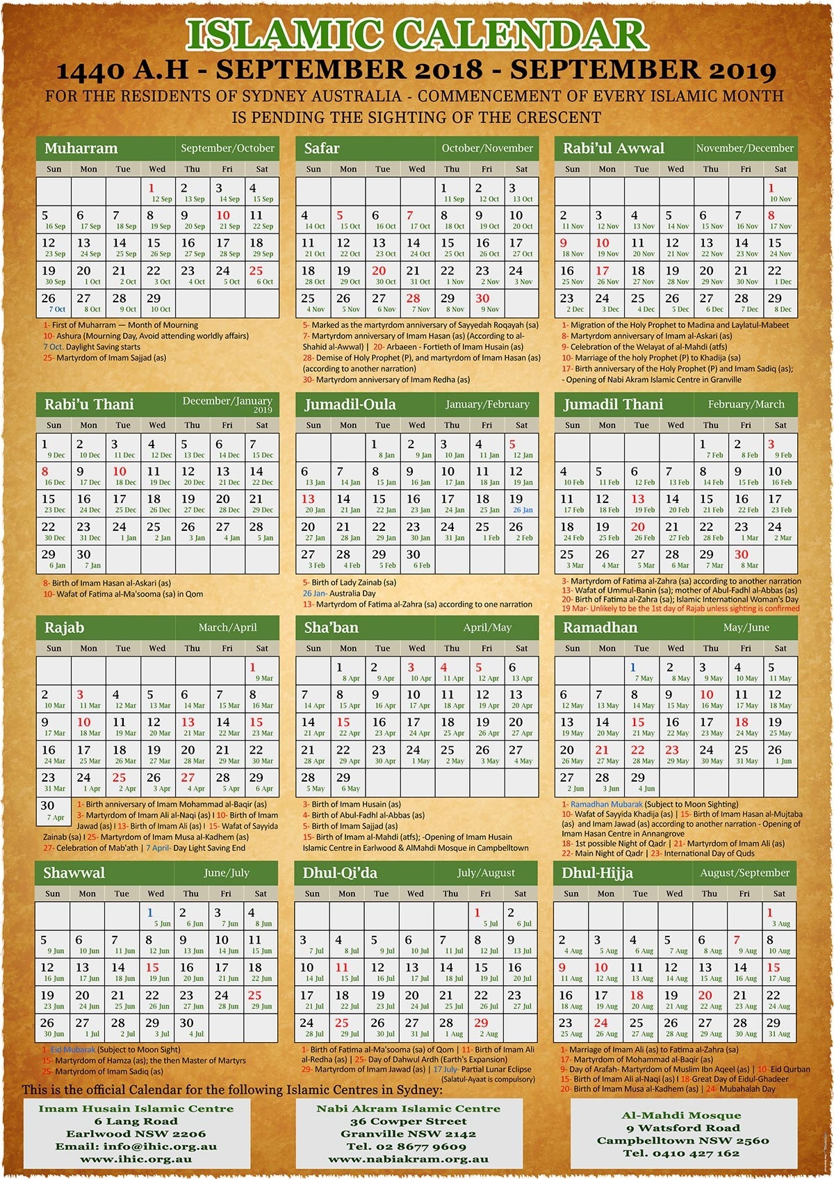 Annual Islamic Calendar 1440 A.h. (2019) – Imam Husain-January 2020 Arabic Calendar