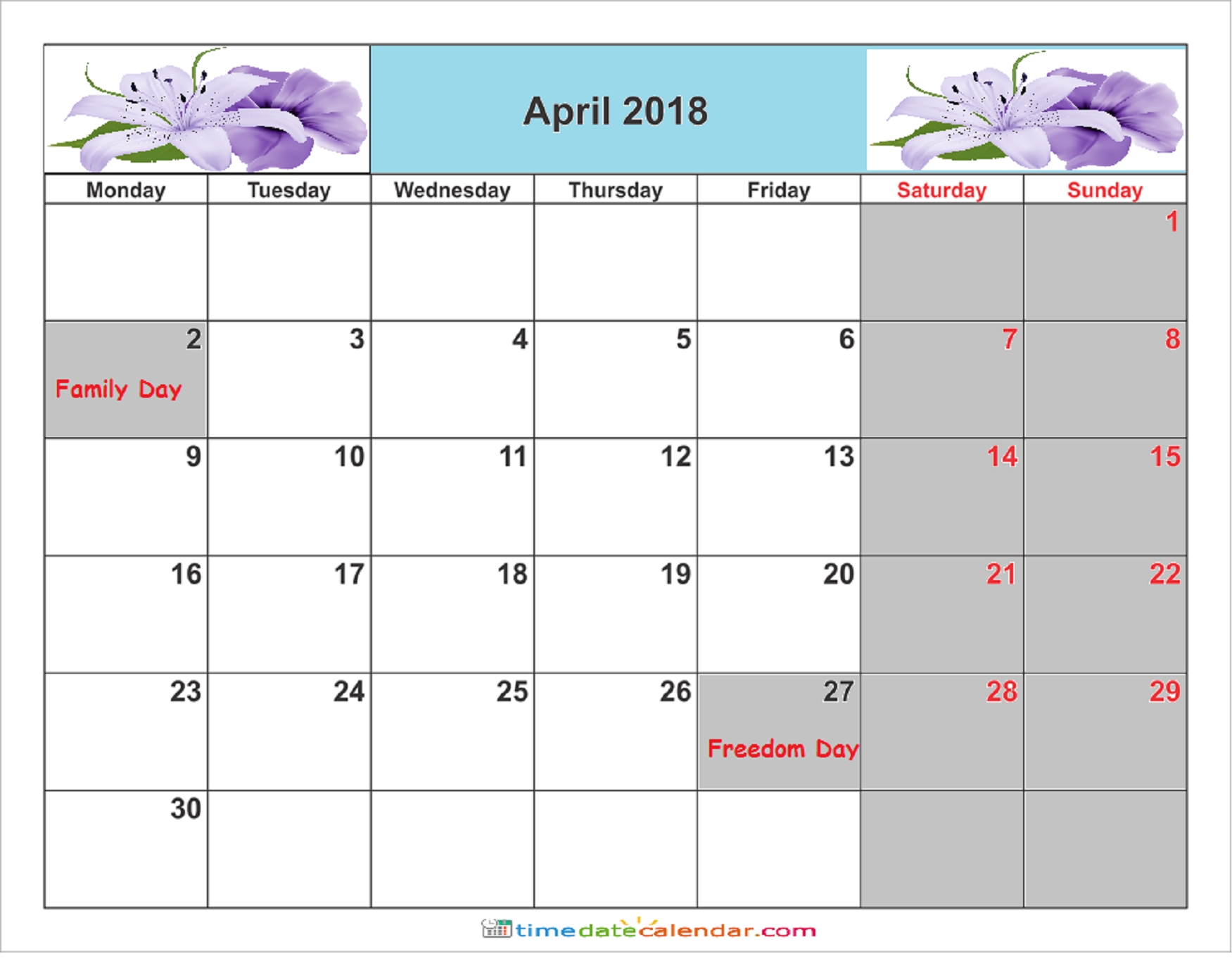 April 2018 Calendar South Africa - Free Printable Template-Calendar Template South Africa