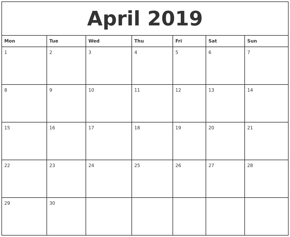 April 2019 Printable Monthly Calendar-Monthly Calendar Starting Monday