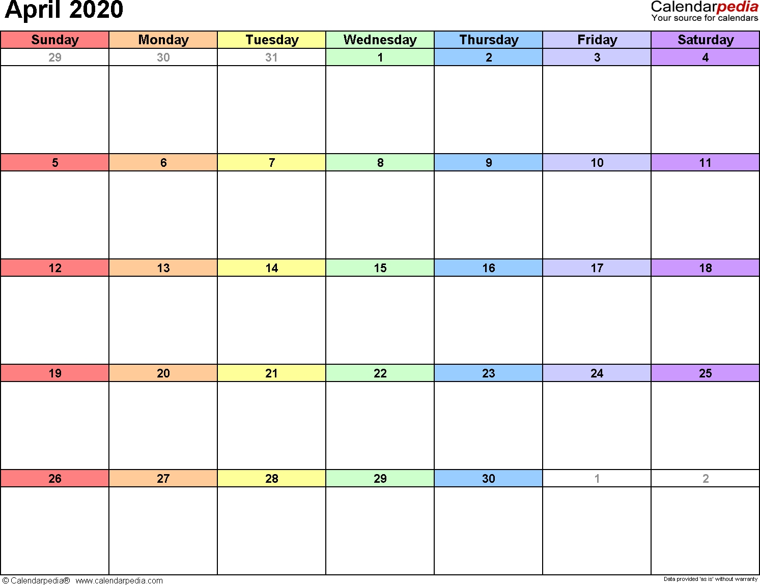 April 2020 Calendars For Word, Excel &amp; Pdf-Free Fillable 2020 Calendar Template