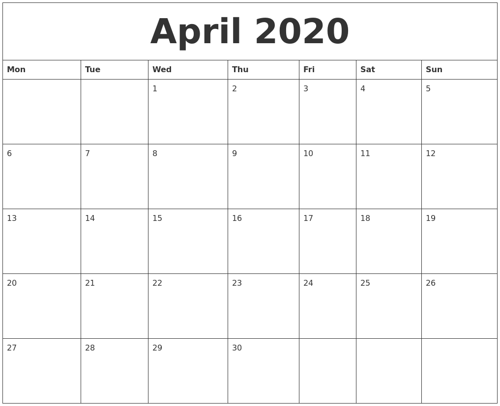 April 2020 Free Printable Monthly Calendar-Printable Monthly Calendar Starting With Monday