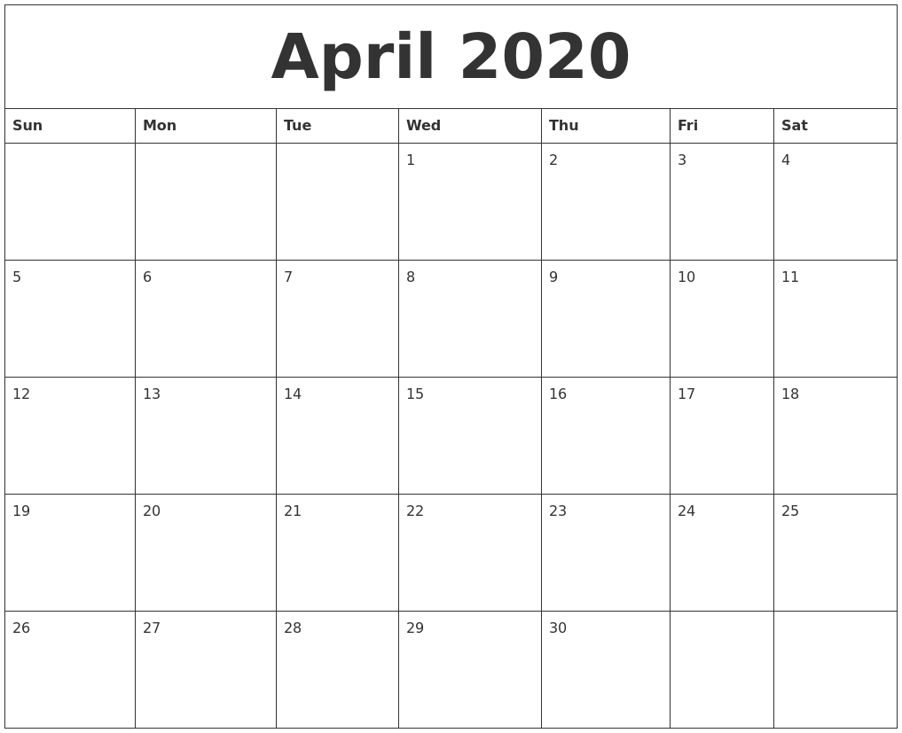 April 2020 Large Printable Calendar-Blank Calendar Worksheet For April 2020