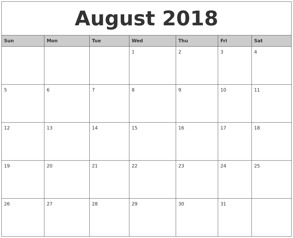 August 2018 Monthly Calendar Printable Pdf Template-August Monthly Calendar Template