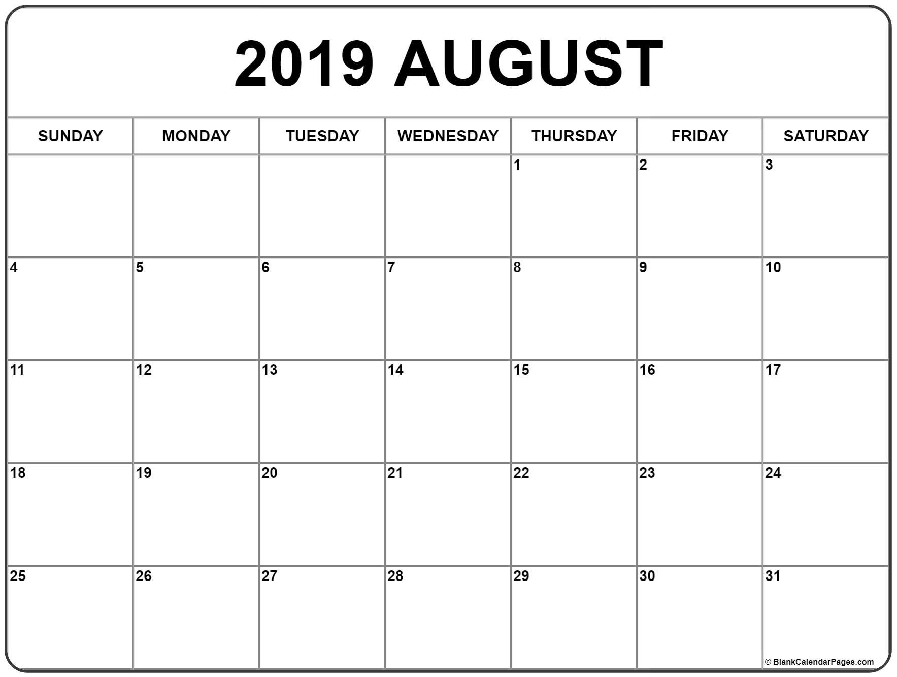 August 2019 Calendar | Free Printable Monthly Calendars-Blank Month Calendar No Weekend